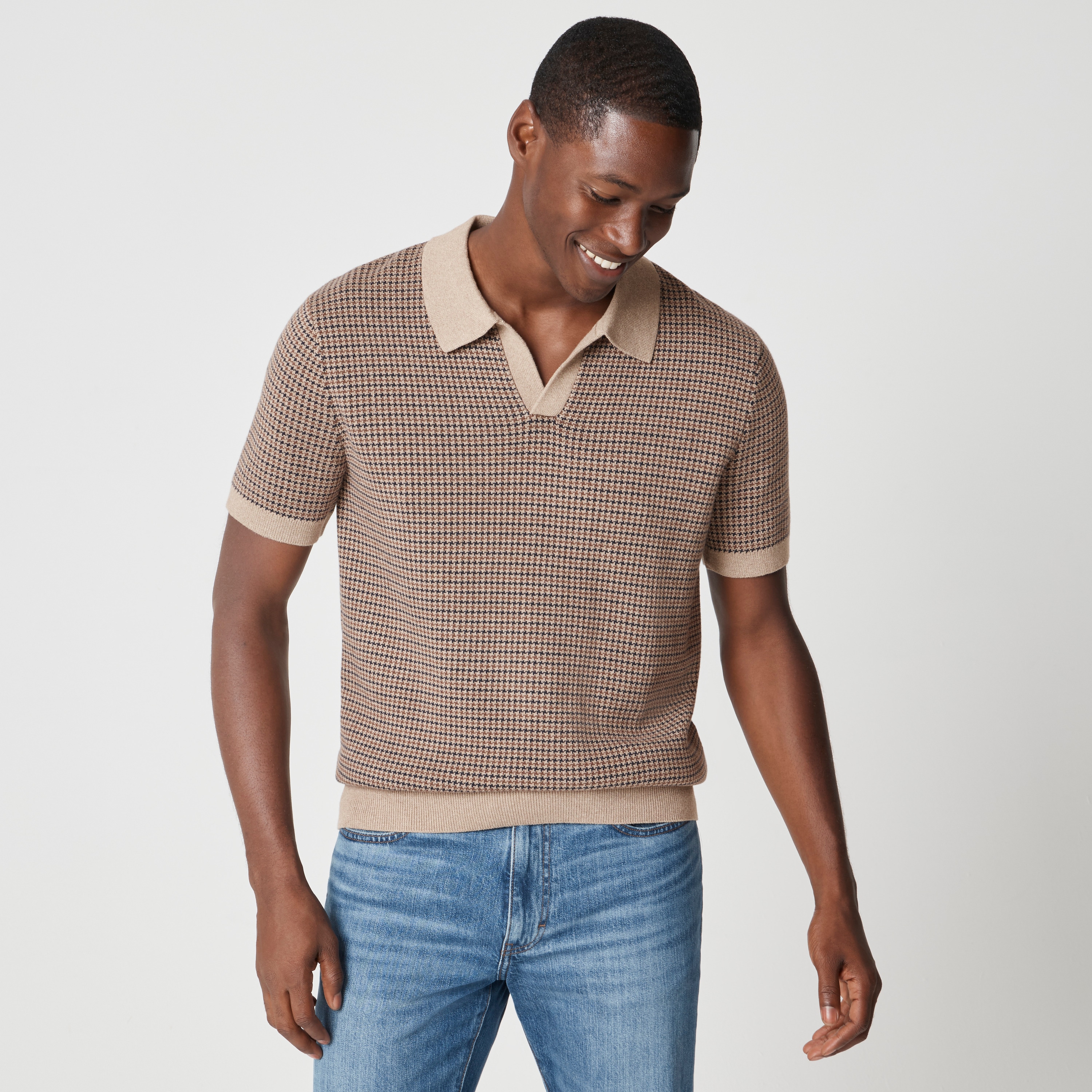 Houndstooth johnny-collar sweater-polo
