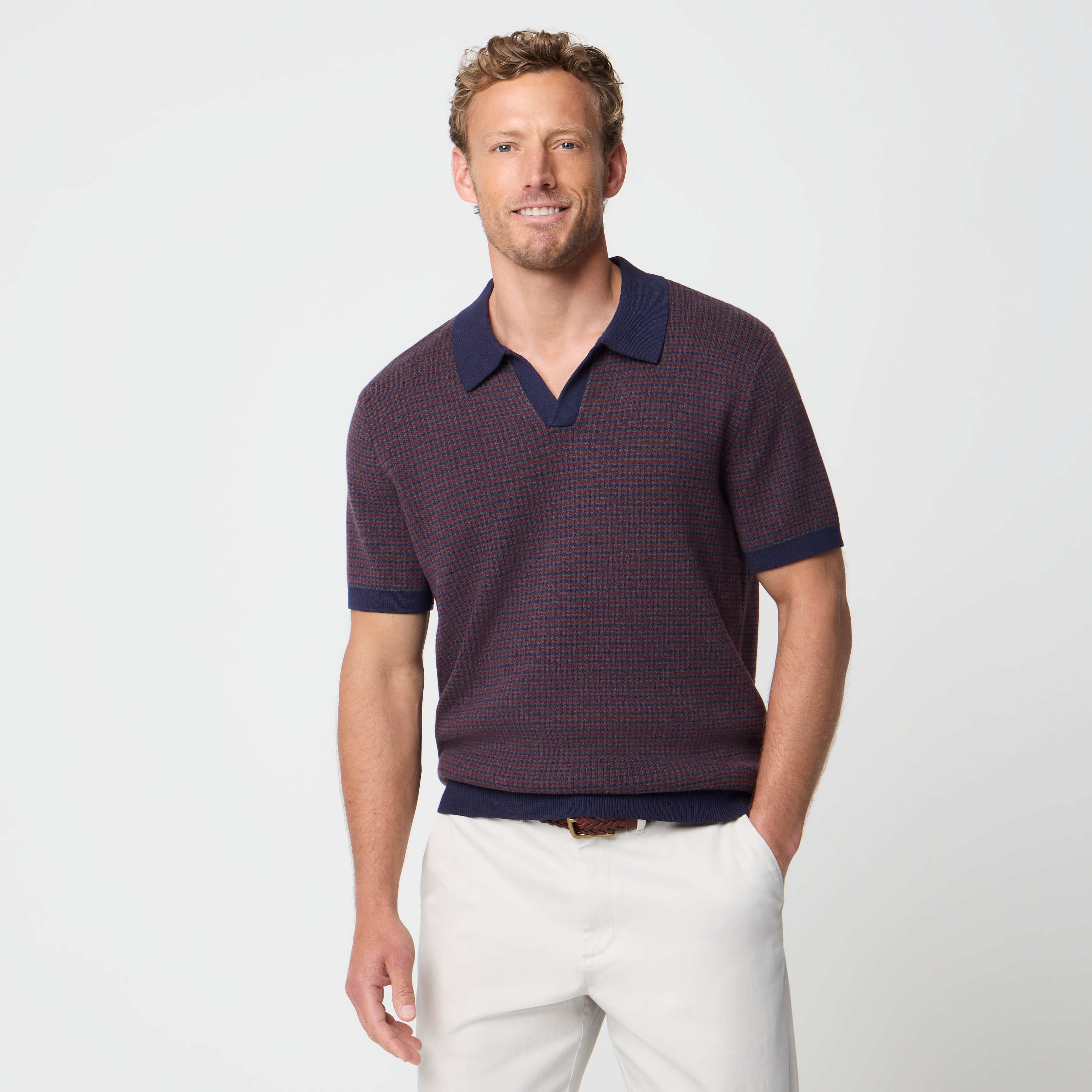 100% cotton houndstooth johnny-collar sweater-polo