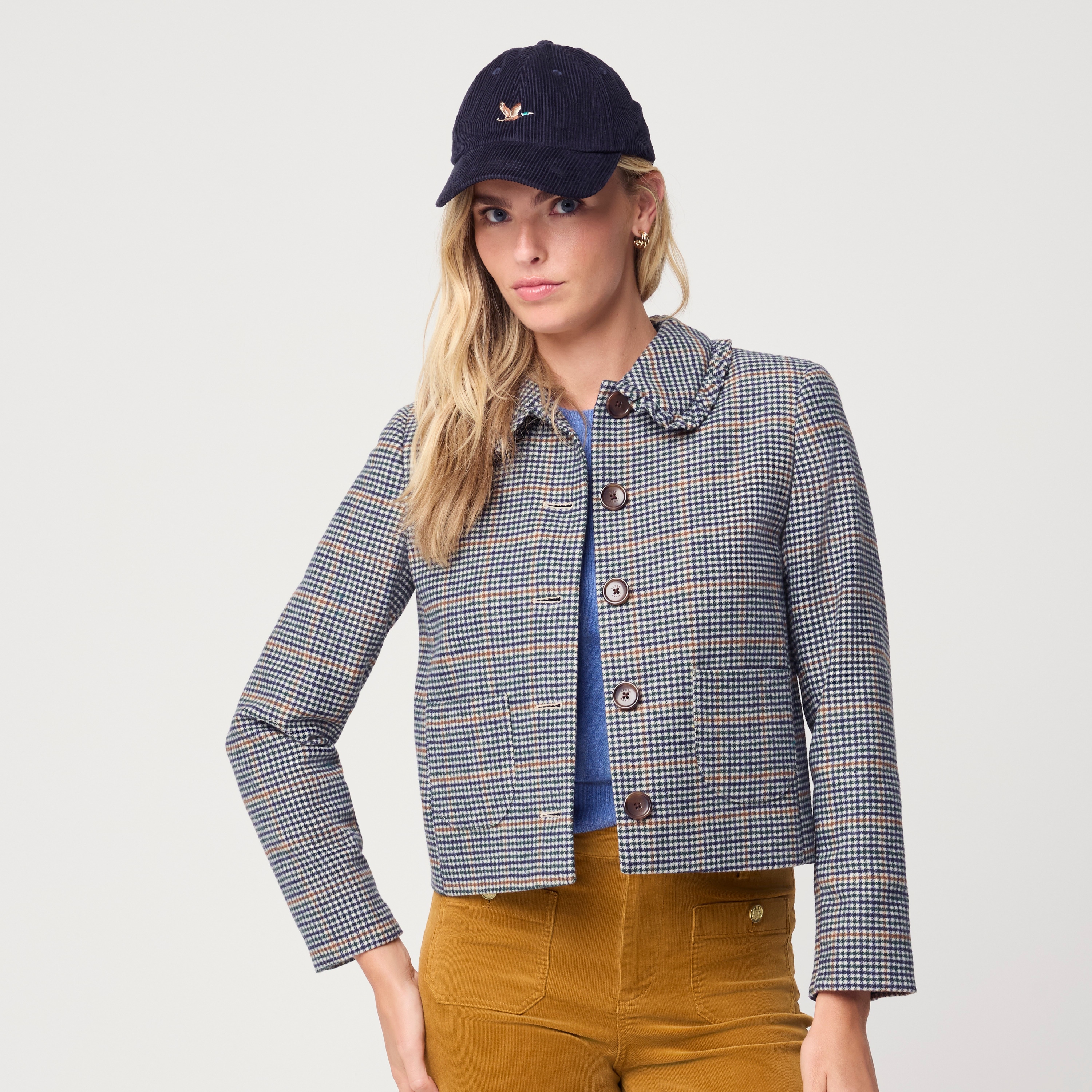 Plaid ruffle-collar cropped jacket