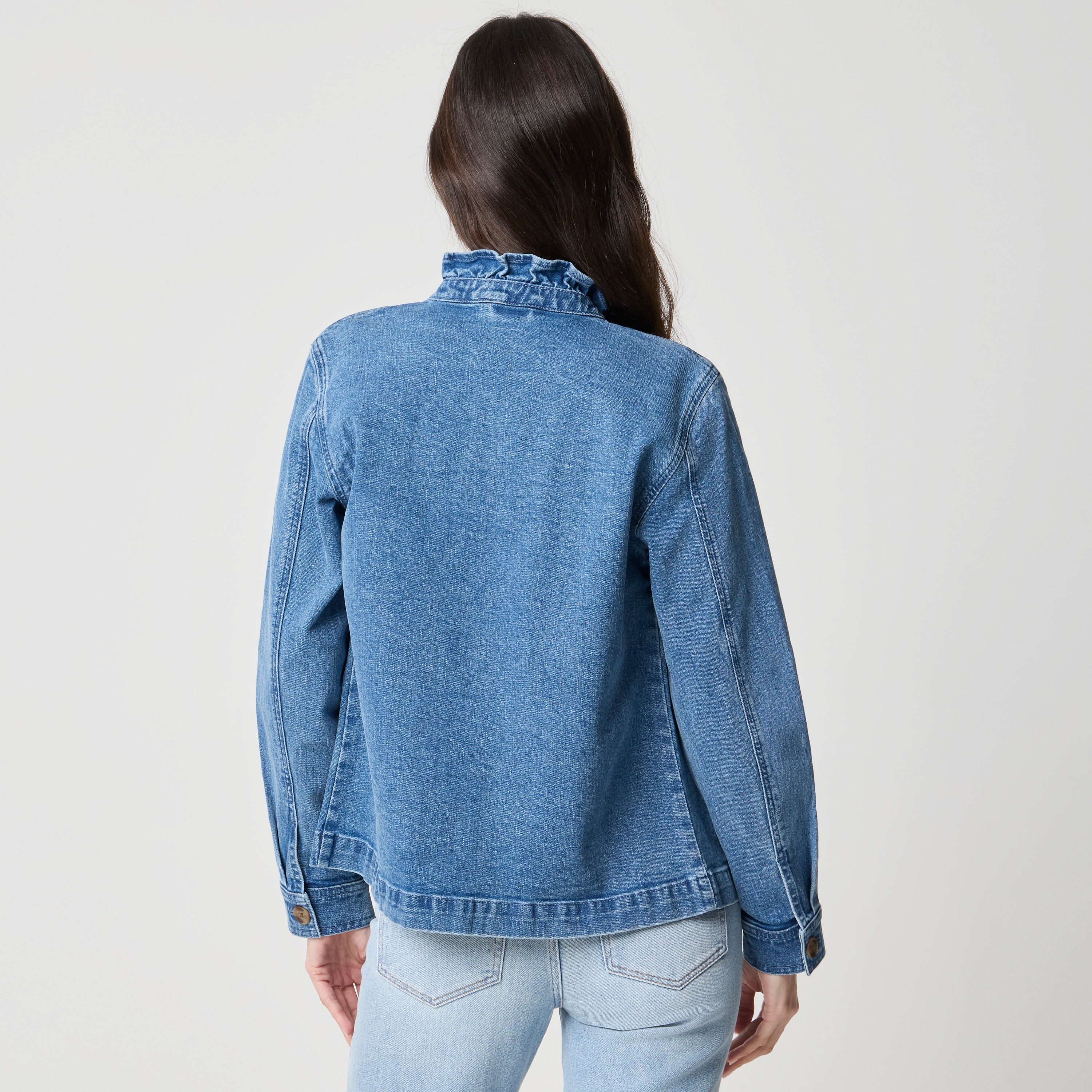 Denim ruffle-collar field jacket