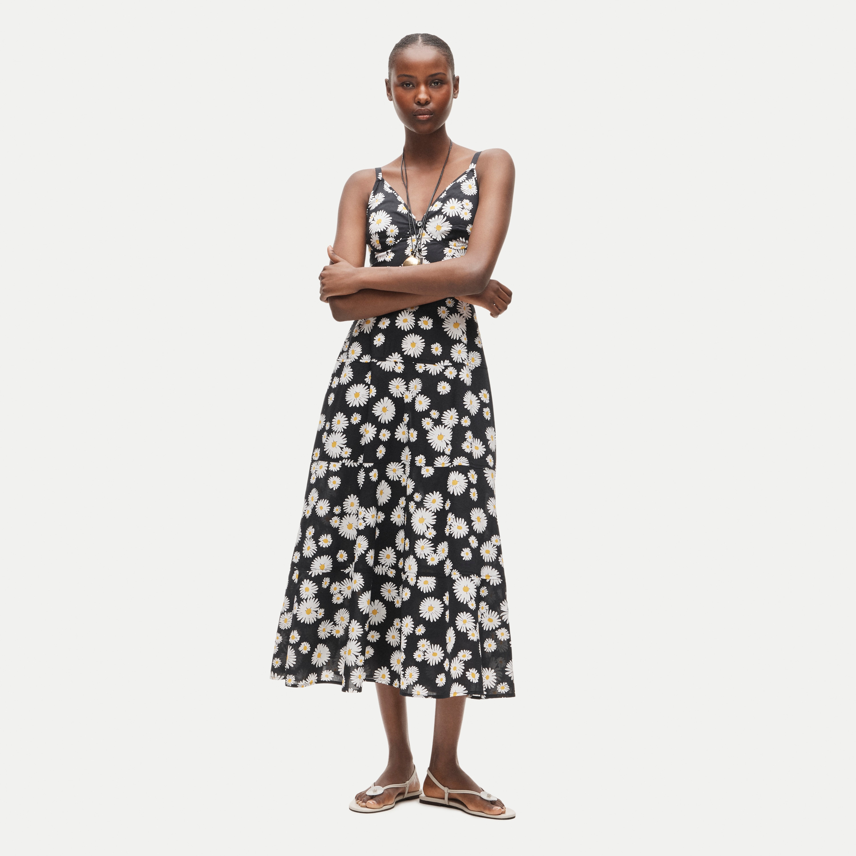 Tiered cotton poplin dress in vintage daisy print