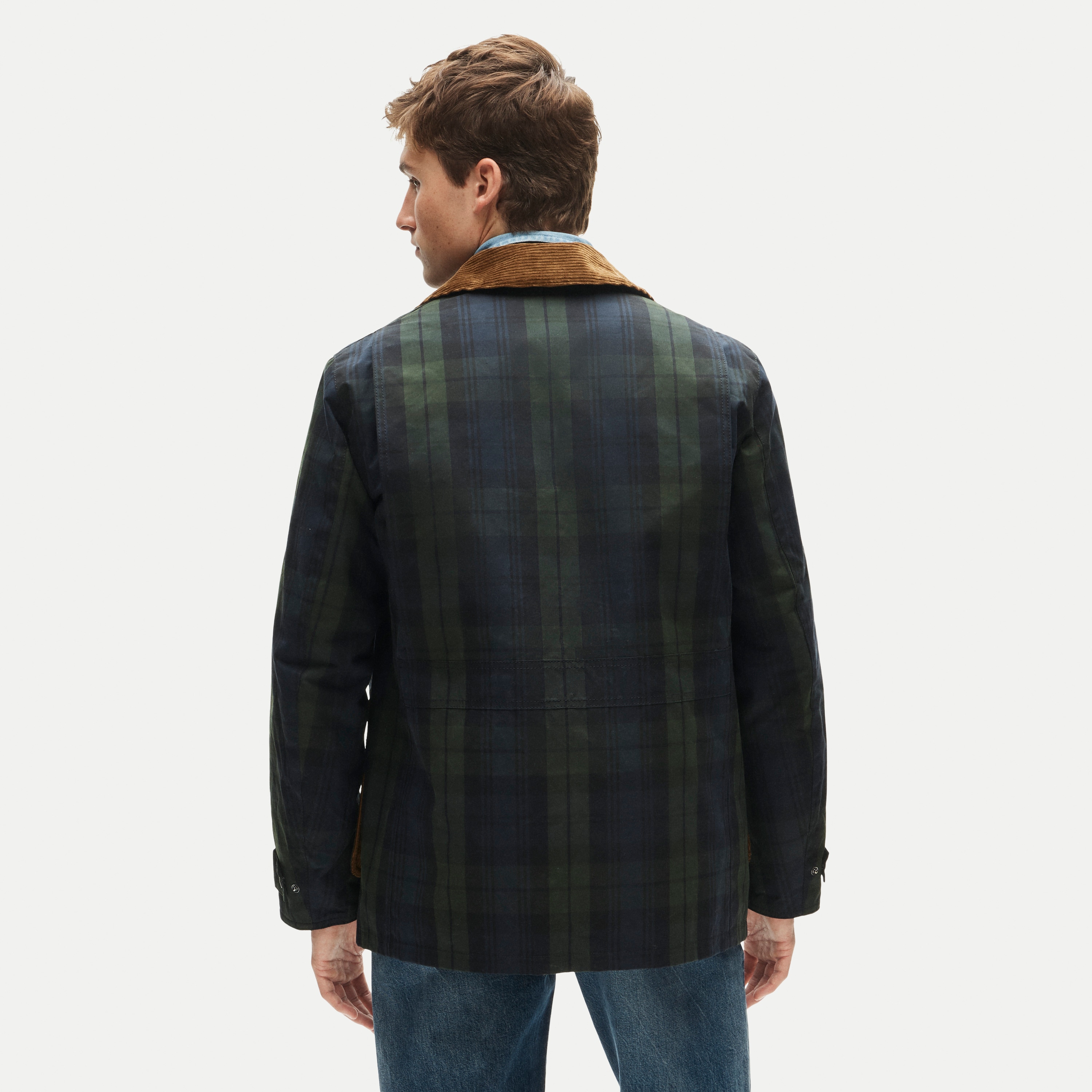 Men's Barbour® x J.Crew Barn Jacket™ in Black Watch waxed cotton