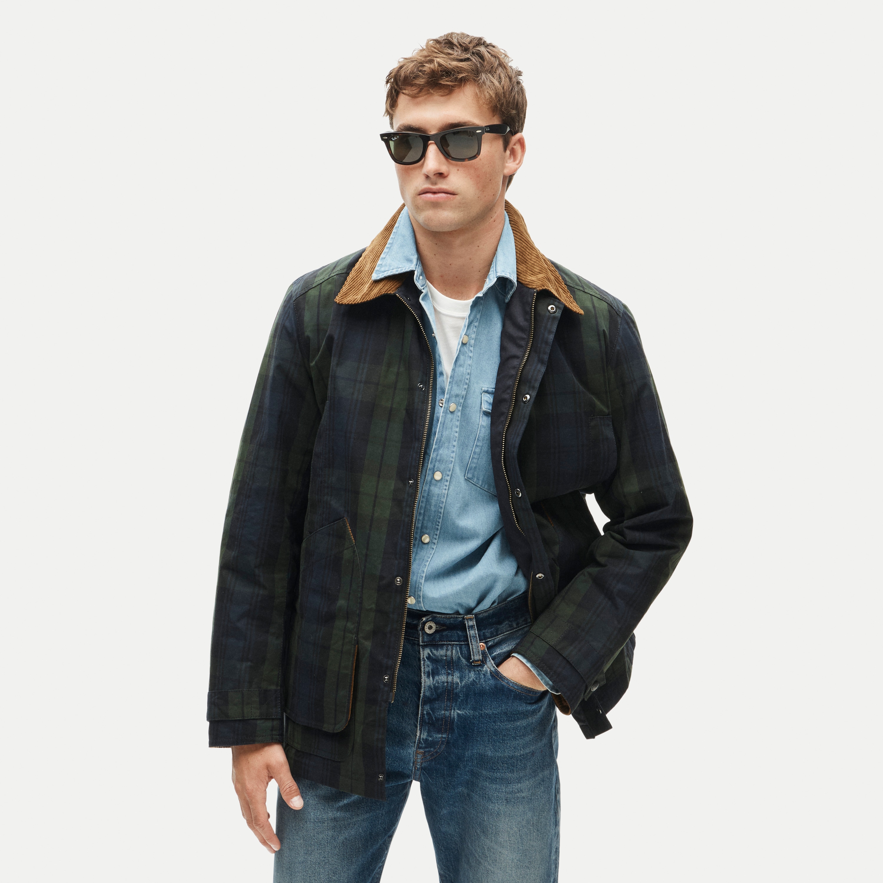 Men's Barbour® x J.Crew Barn Jacket™ in Black Watch waxed cotton