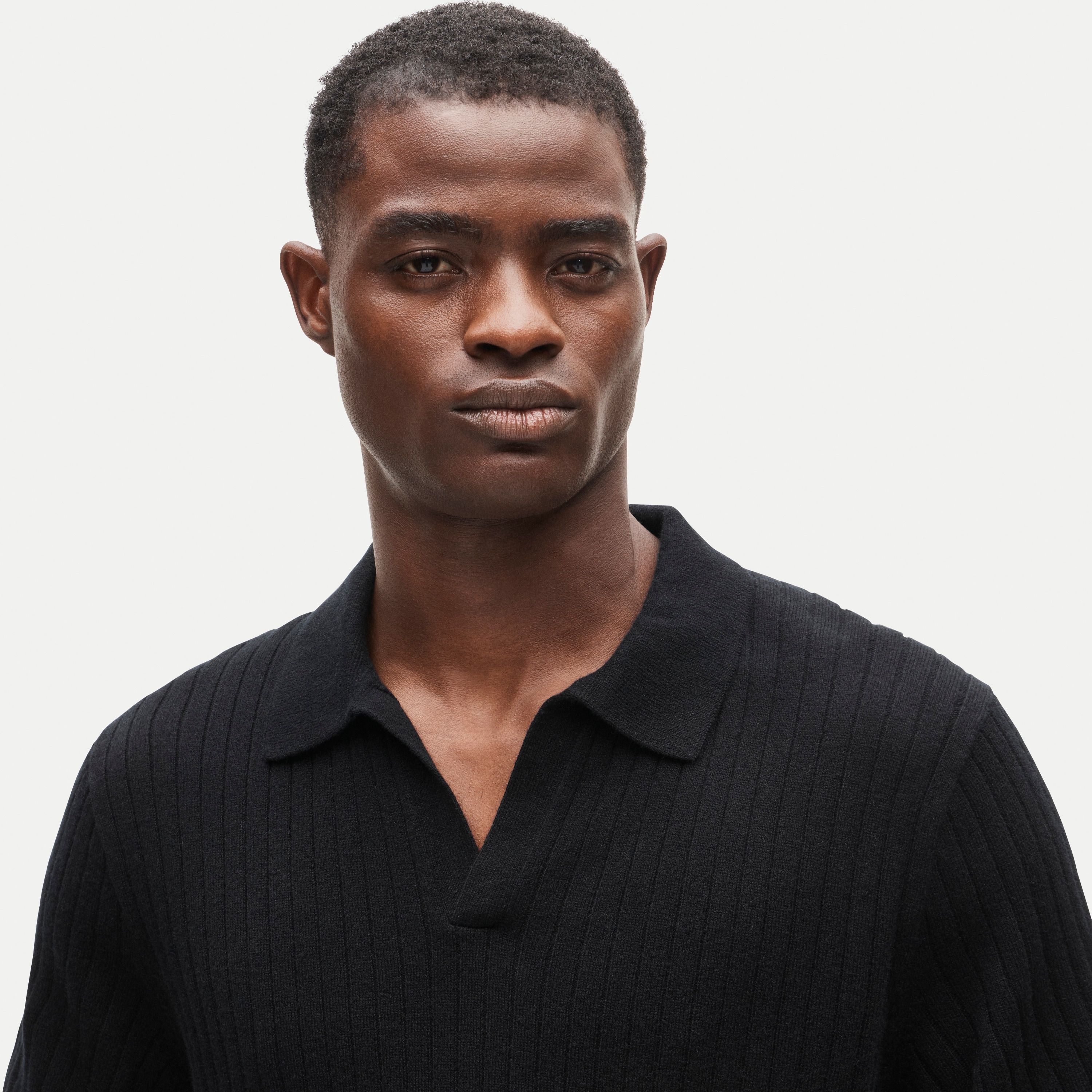 Short-sleeve cashmere ribbed johnny-collar sweater-polo