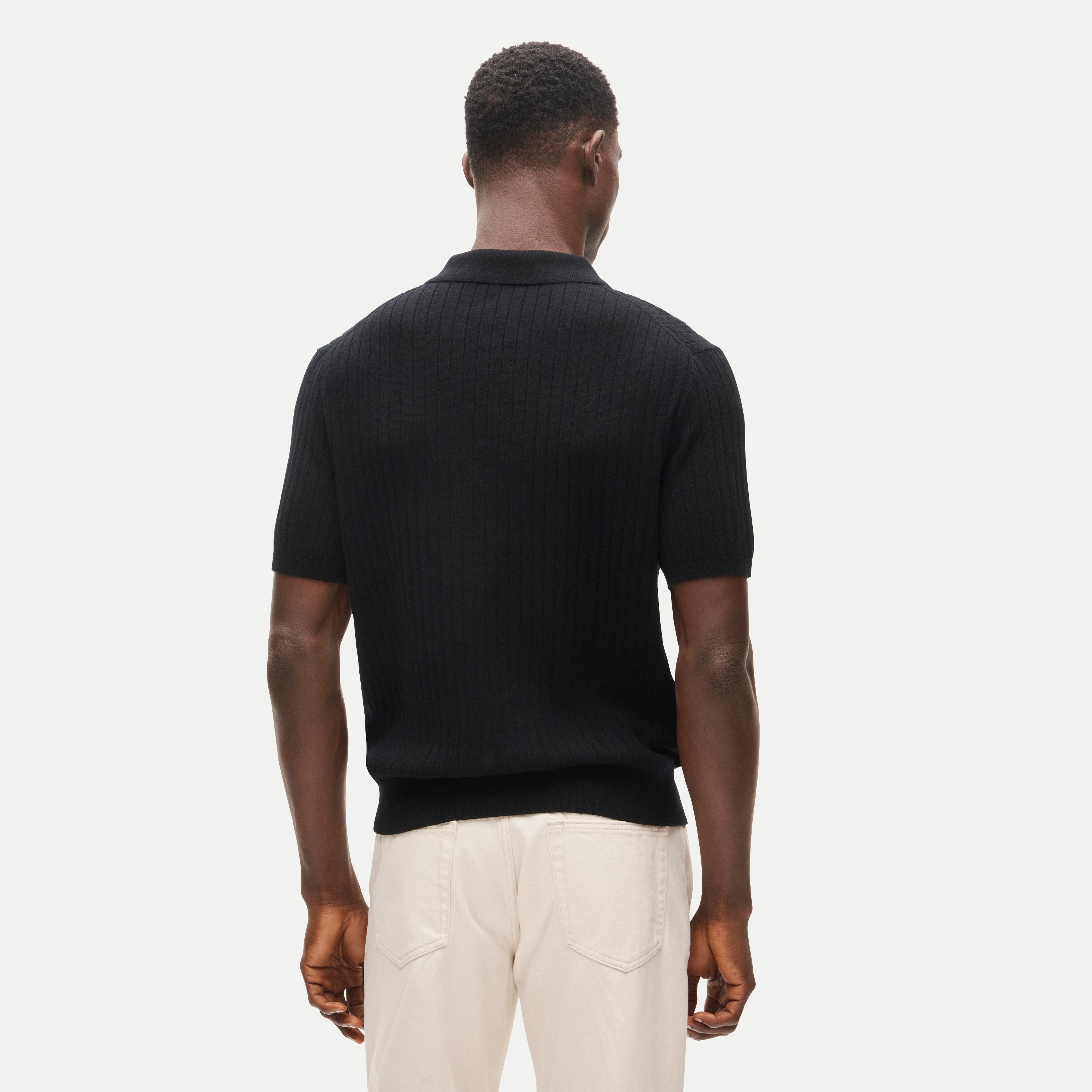 Short-sleeve cashmere ribbed johnny-collar sweater-polo