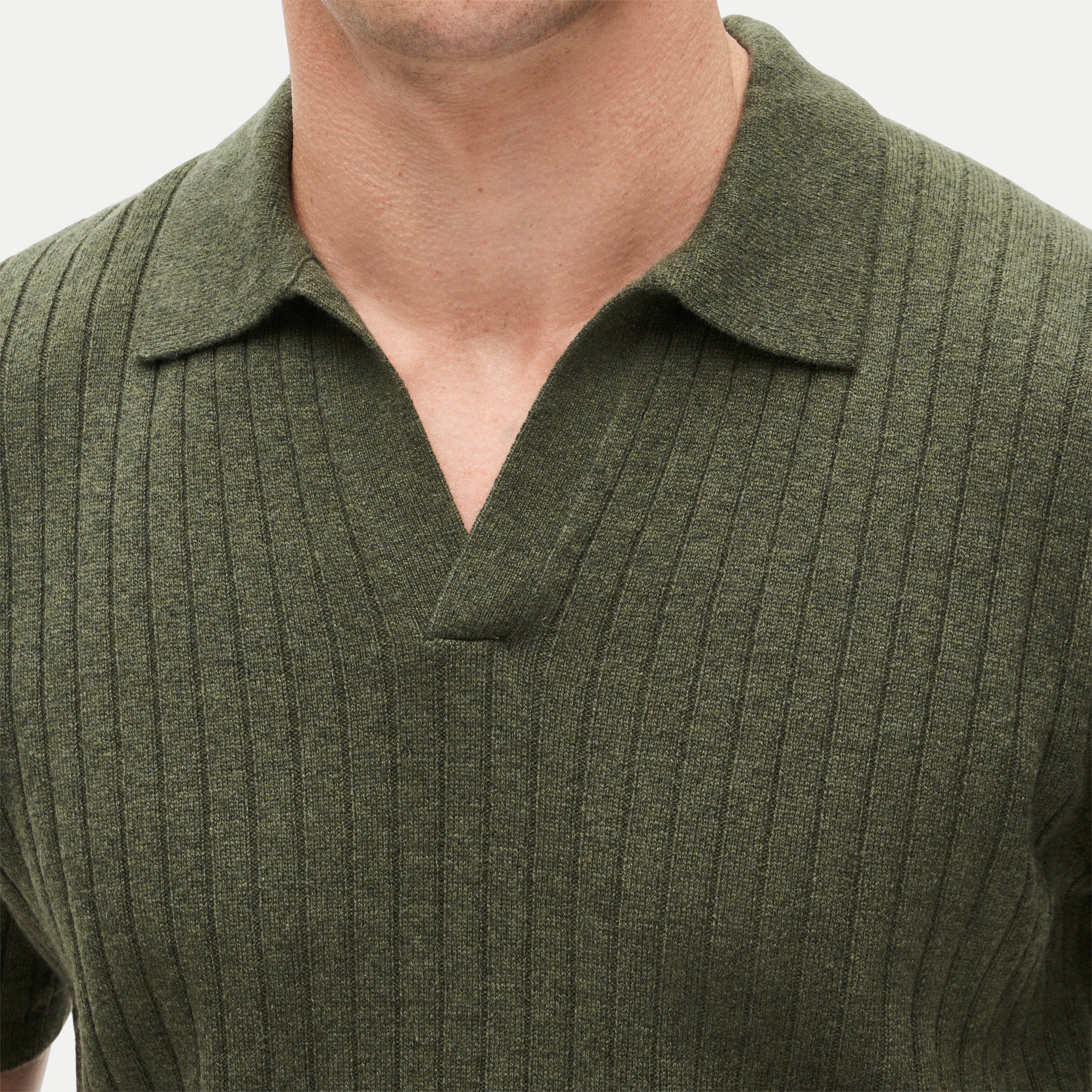 Short-sleeve cashmere ribbed johnny-collar sweater-polo