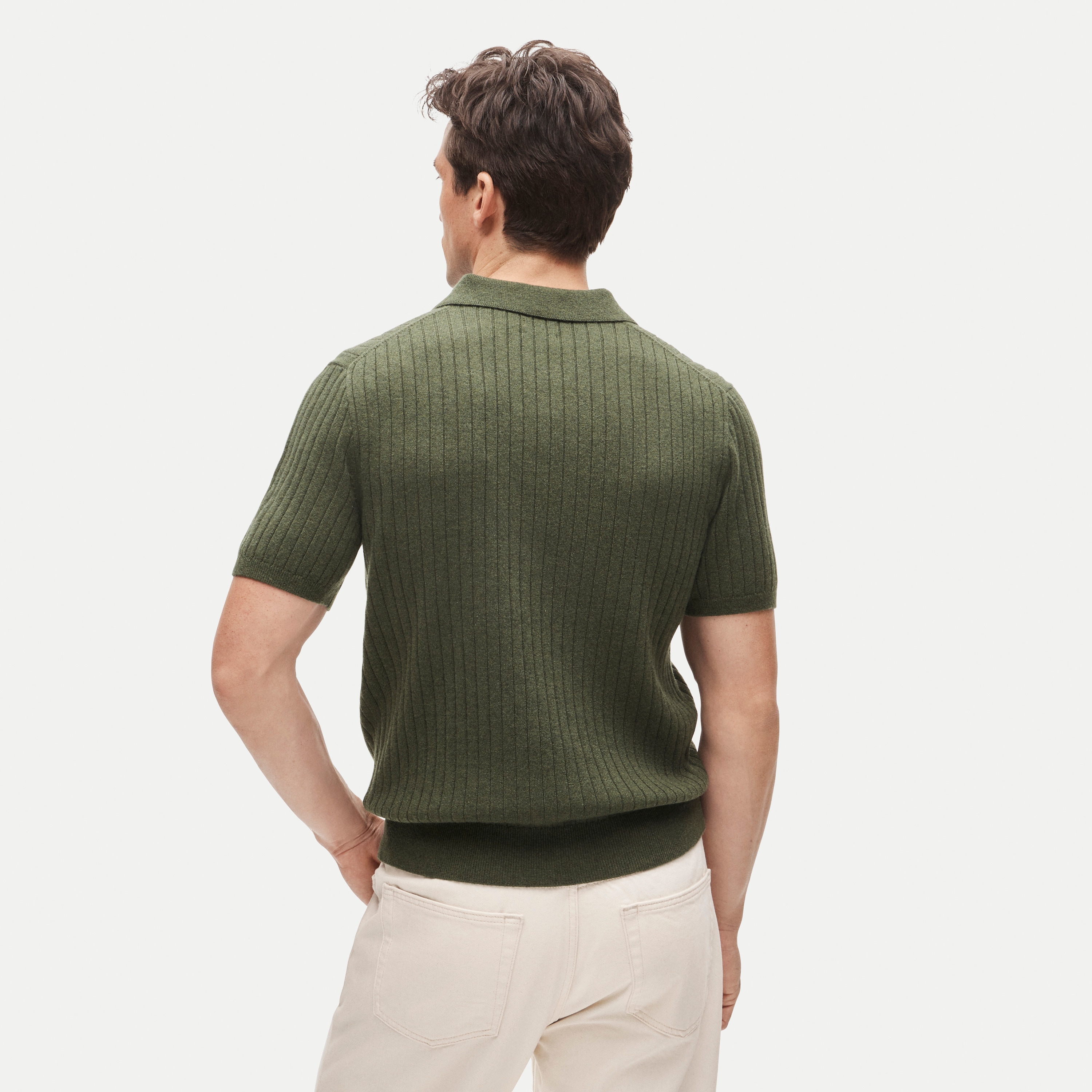 Short-sleeve cashmere ribbed johnny-collar sweater-polo