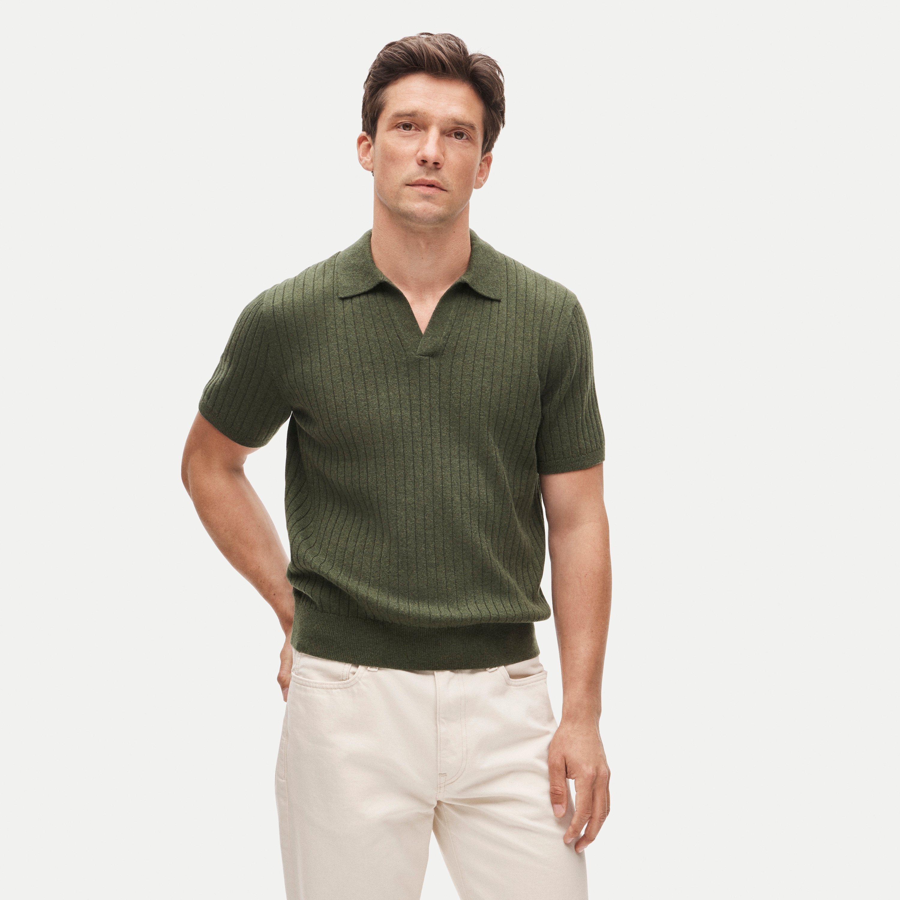 Short-sleeve cashmere ribbed johnny-collar sweater-polo