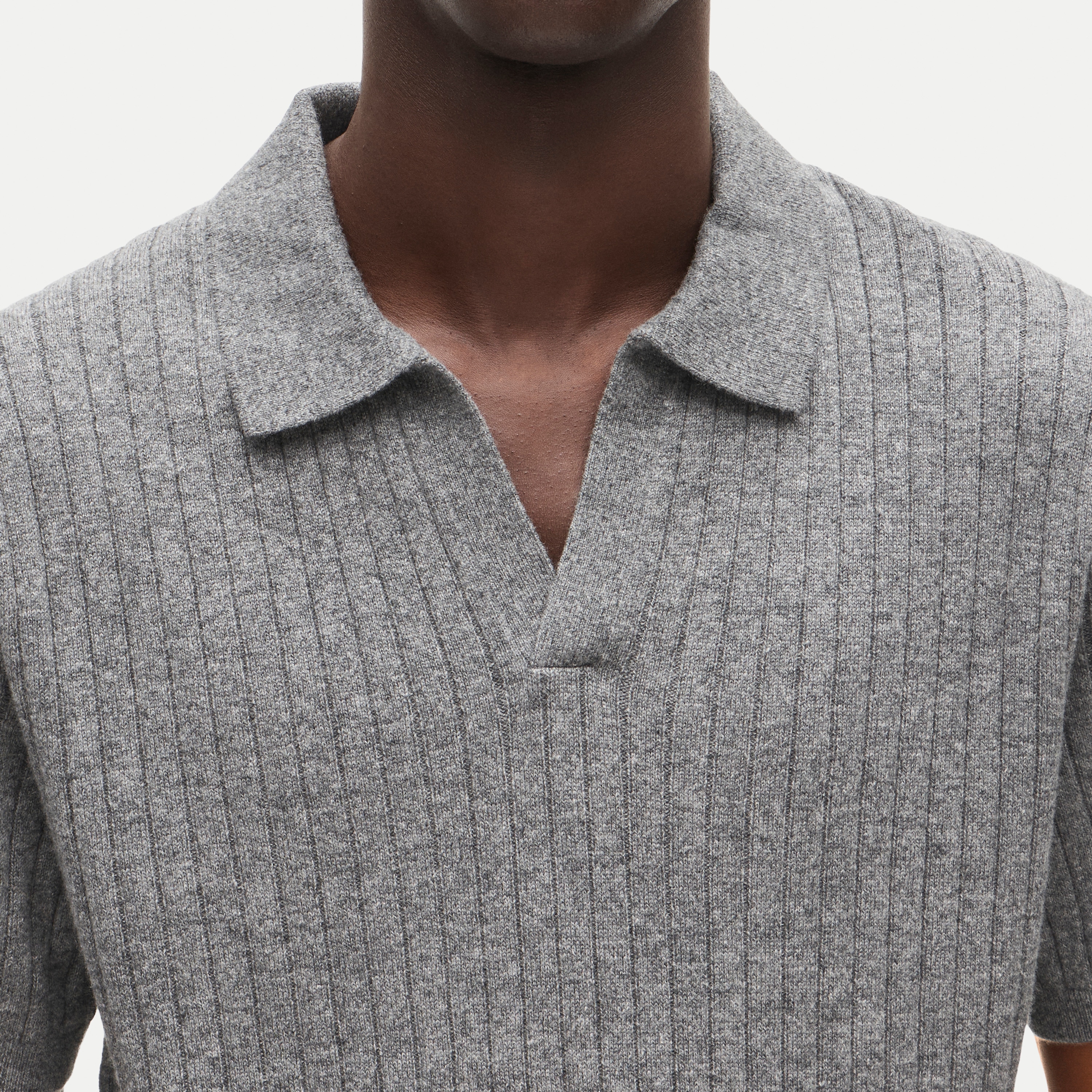 Short-sleeve cashmere ribbed johnny-collar sweater-polo