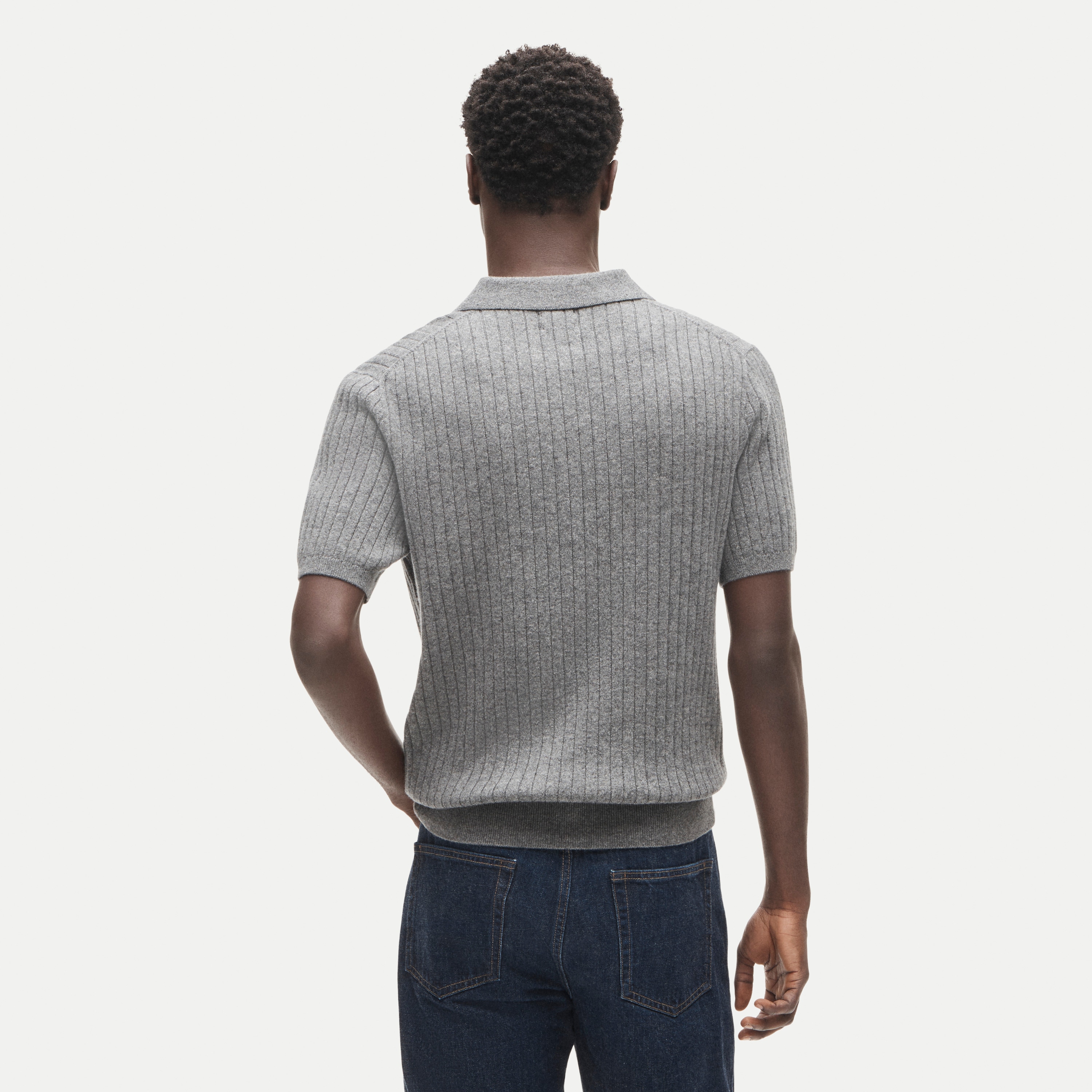 Short-sleeve cashmere ribbed johnny-collar sweater-polo