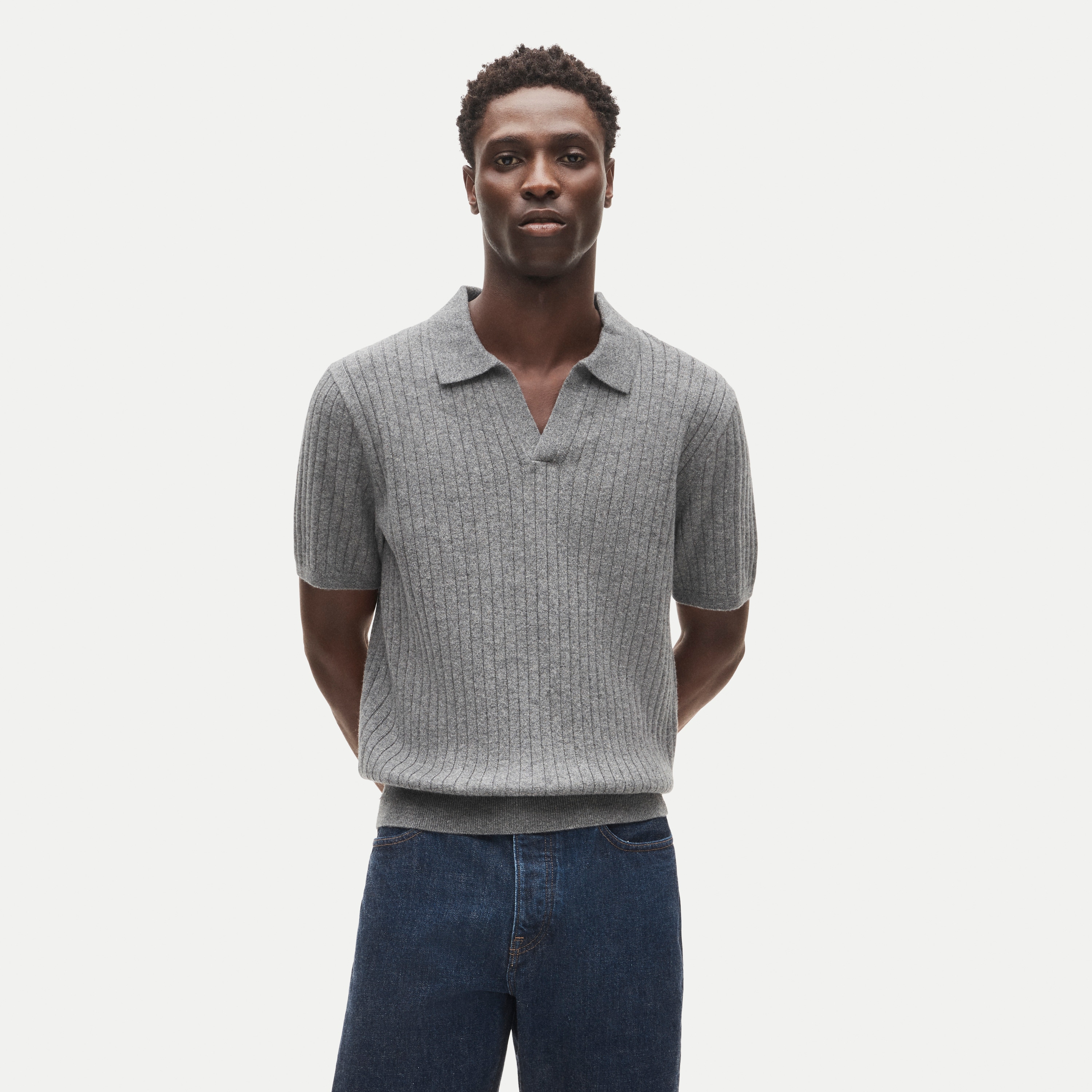 Short-sleeve cashmere ribbed johnny-collar sweater-polo
