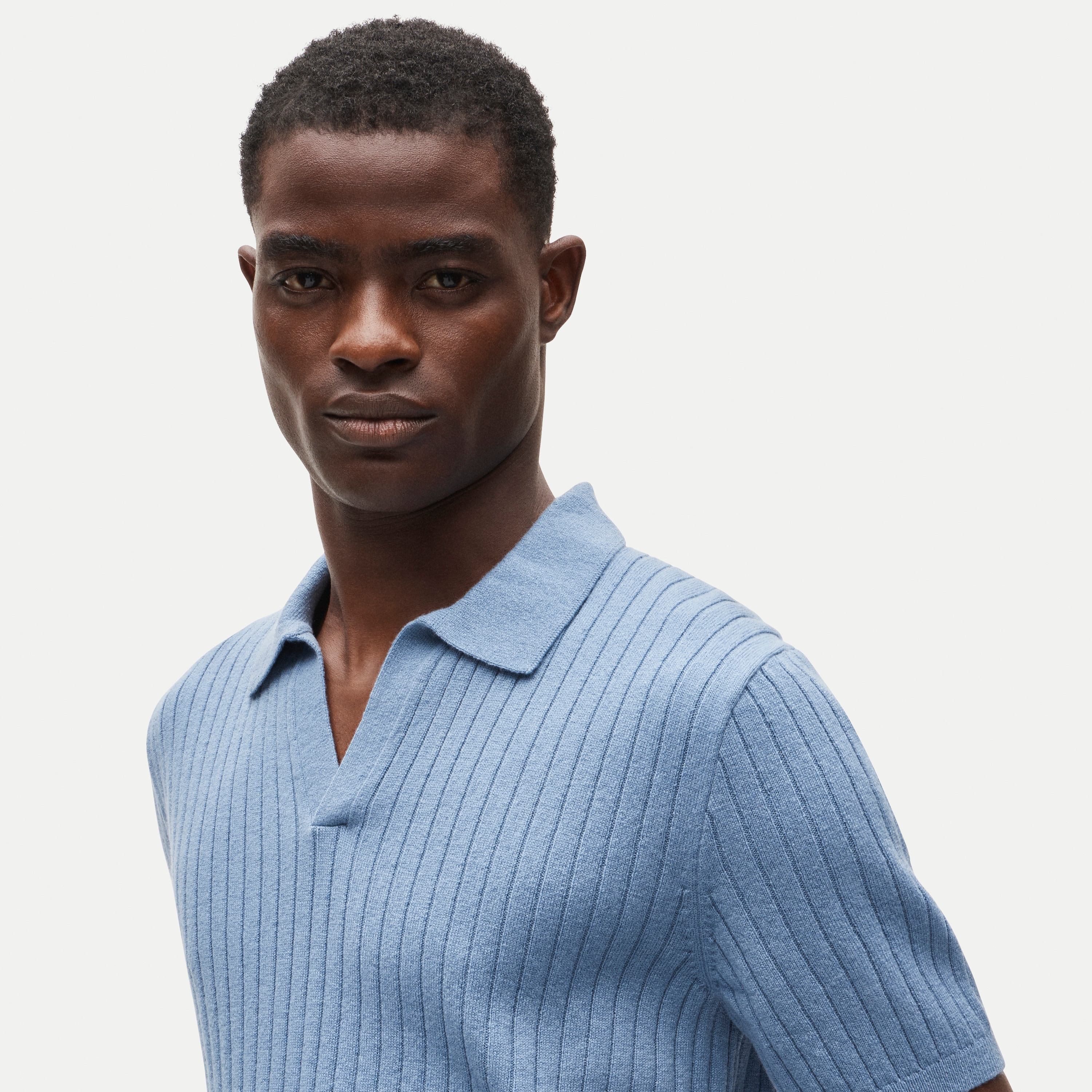 Short-sleeve cashmere ribbed johnny-collar sweater-polo