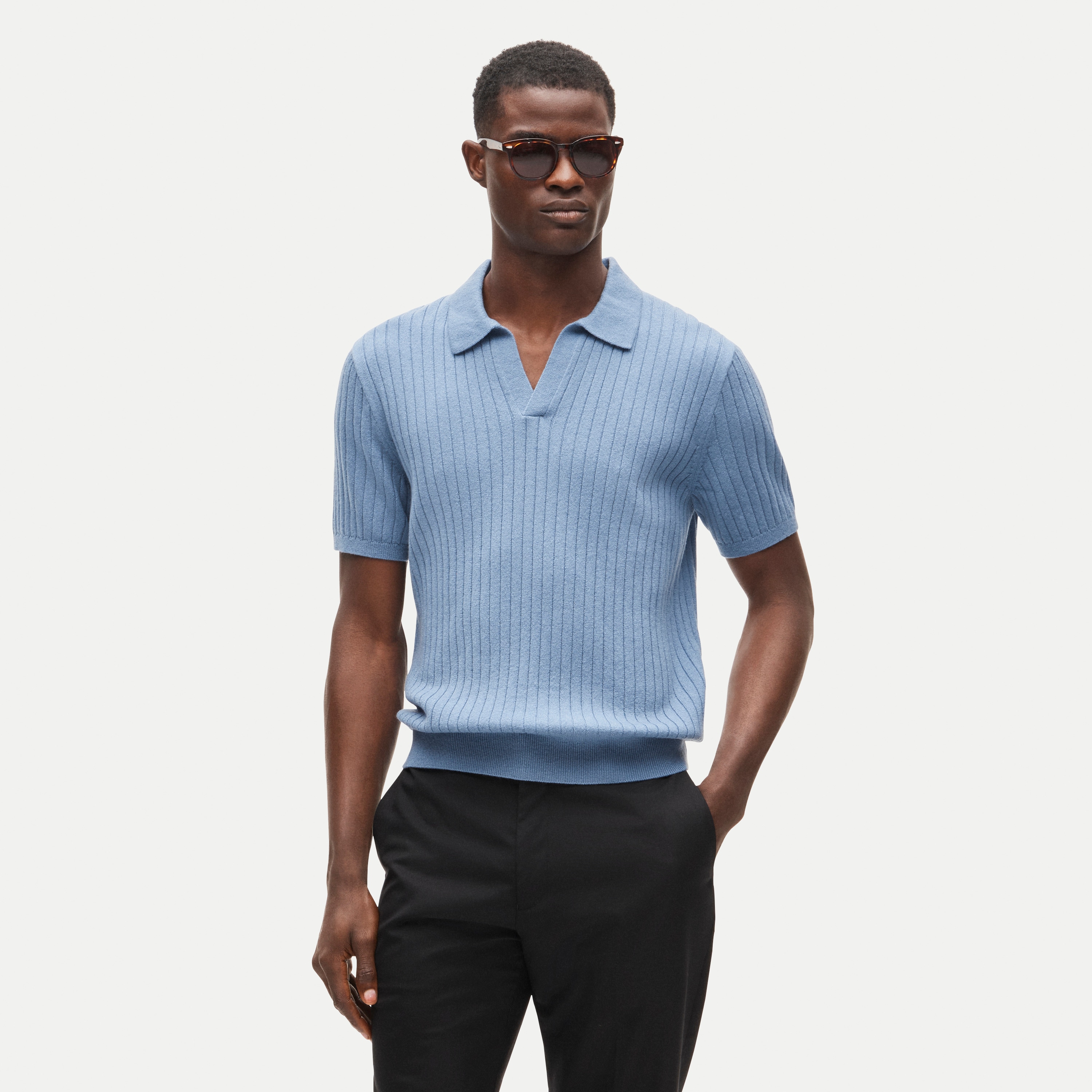 Short-sleeve cashmere ribbed johnny-collar sweater-polo