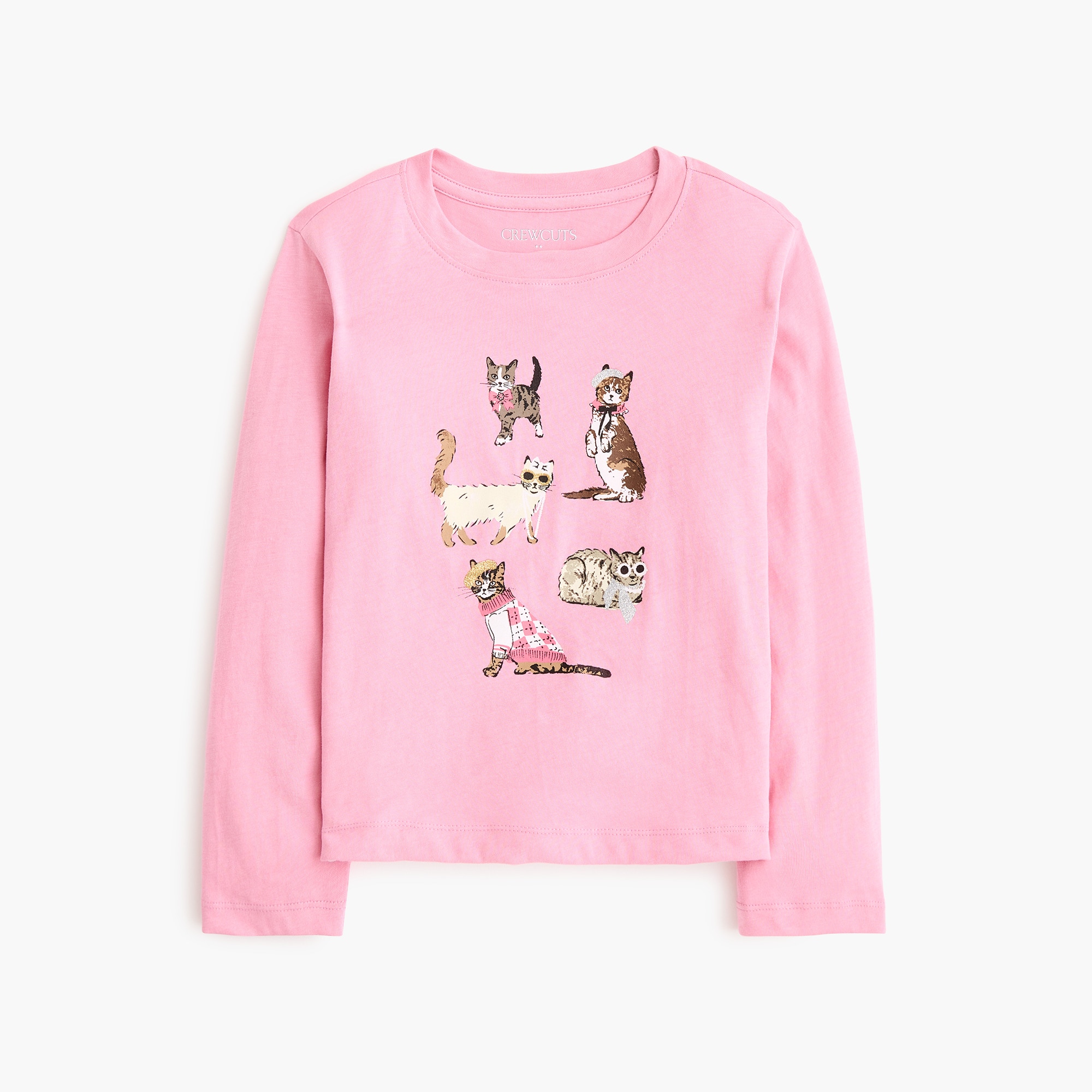 Girls' long-sleeve 100% cotton fancy cats graphic tee