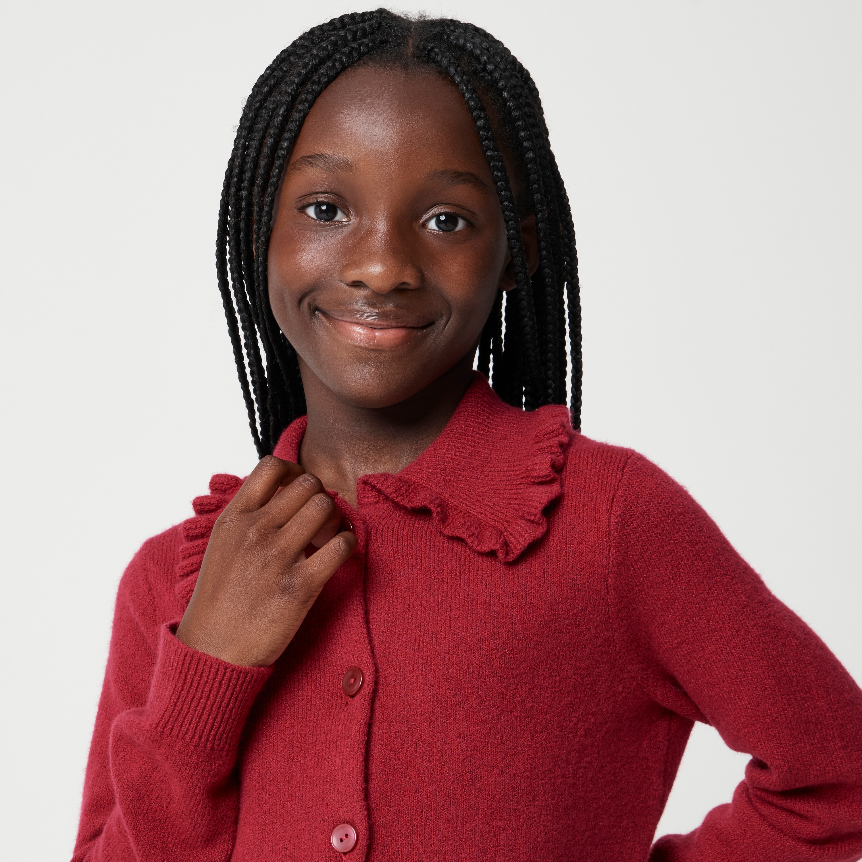 Girls' ruffle-collar cardigan sweater in cotton soft-blend
