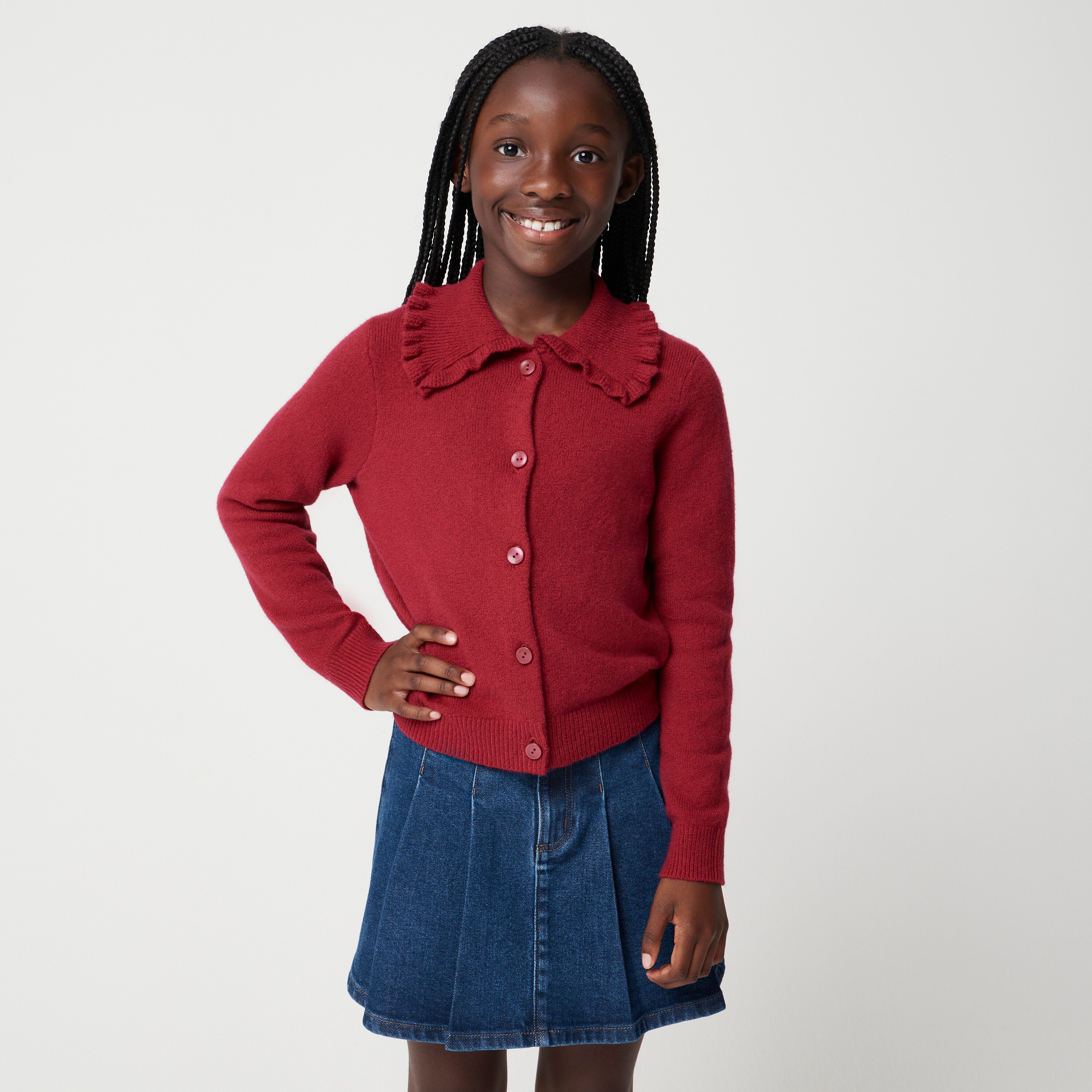 Girls' ruffle-collar cardigan sweater in cotton soft-blend