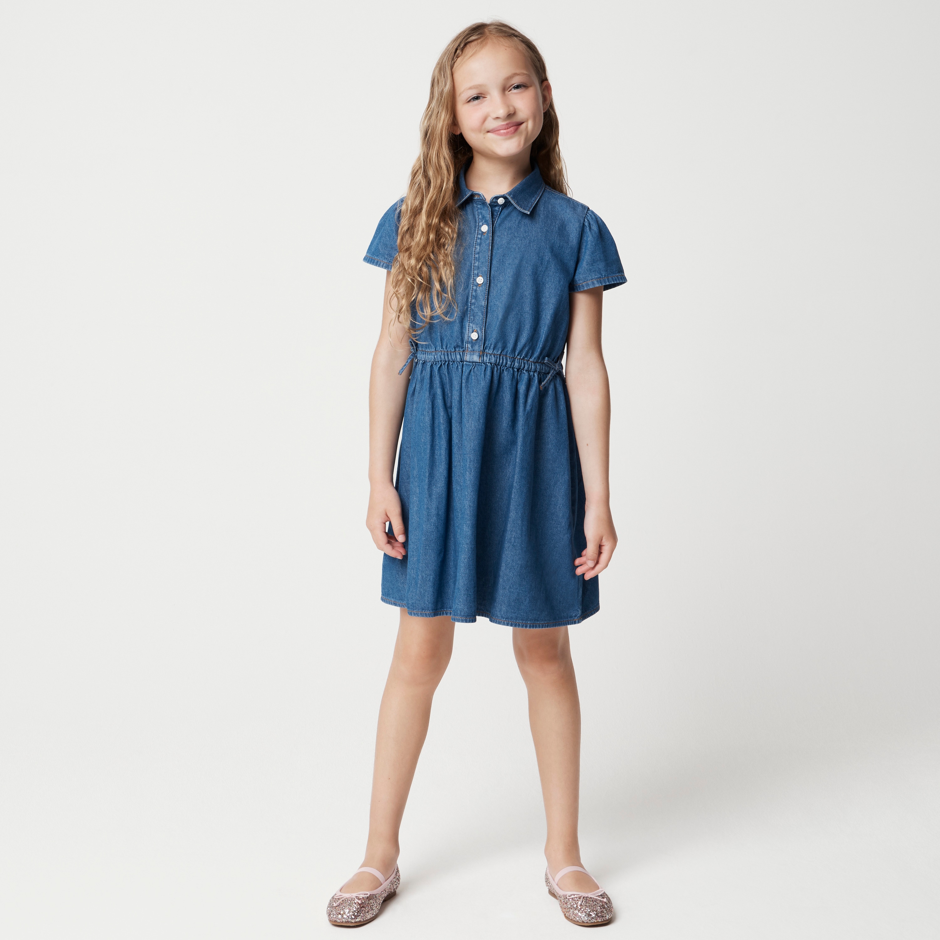 Girls' denim bow shirt-dress