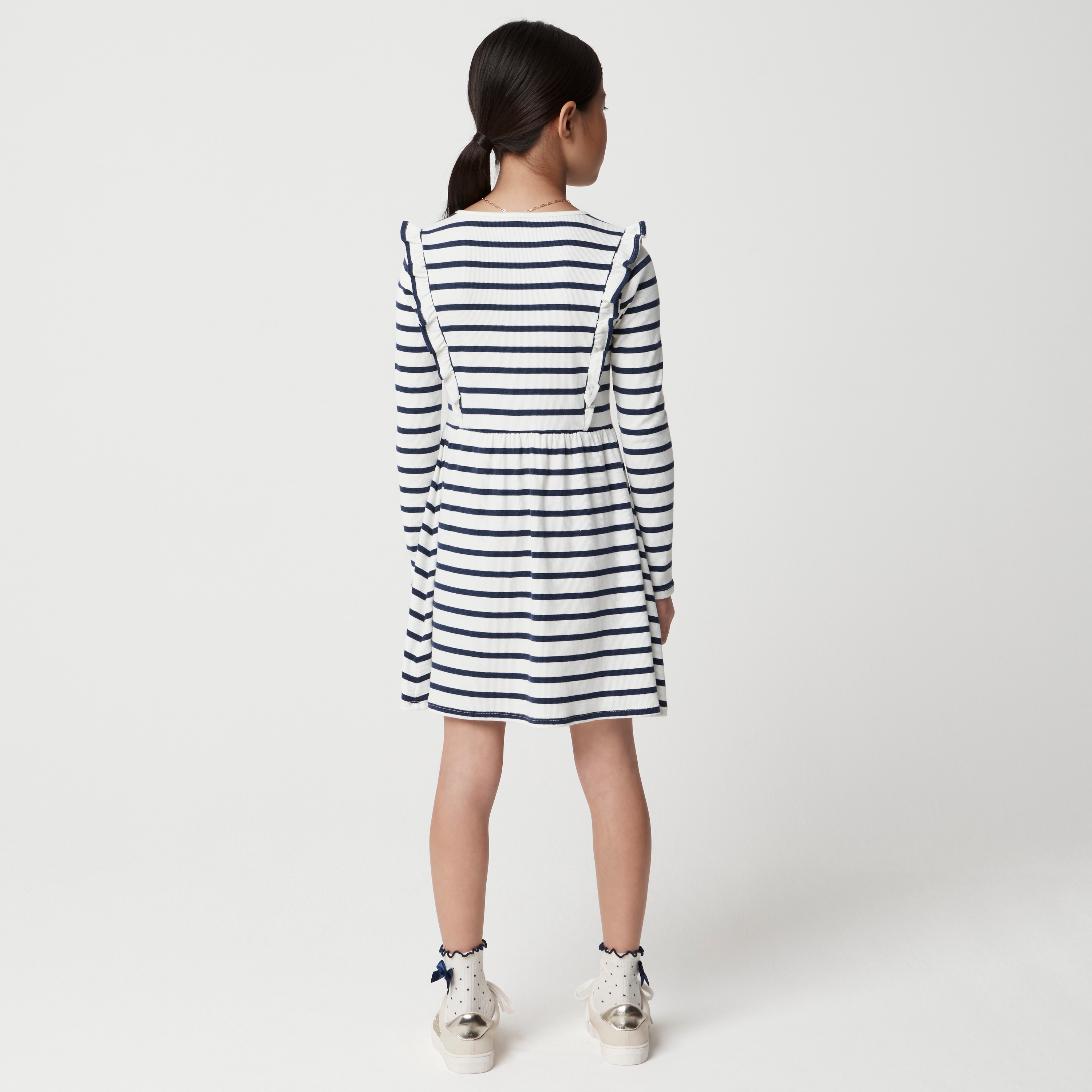 Girls' long-sleeve striped ribbed dress