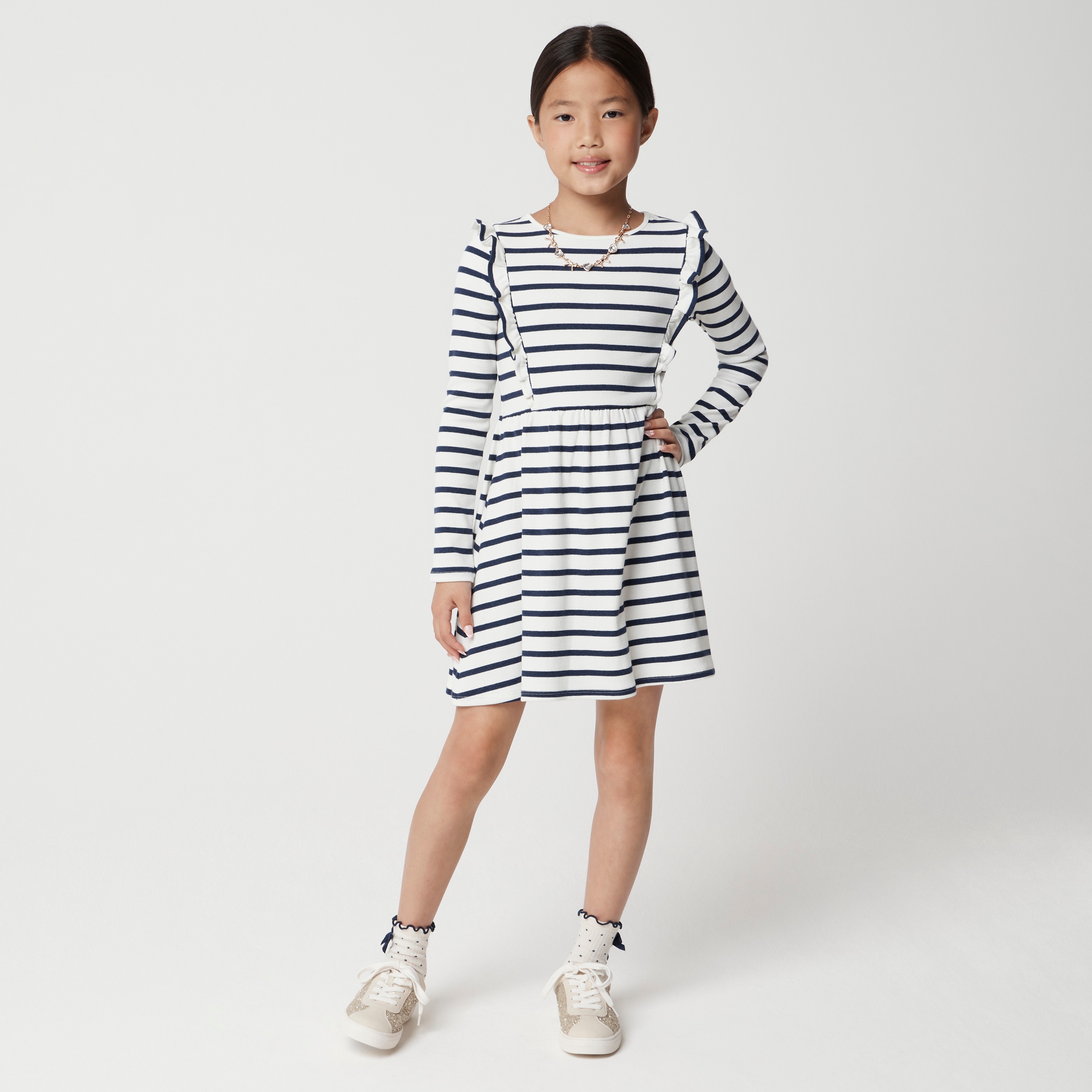 Girls' long-sleeve striped ribbed dress