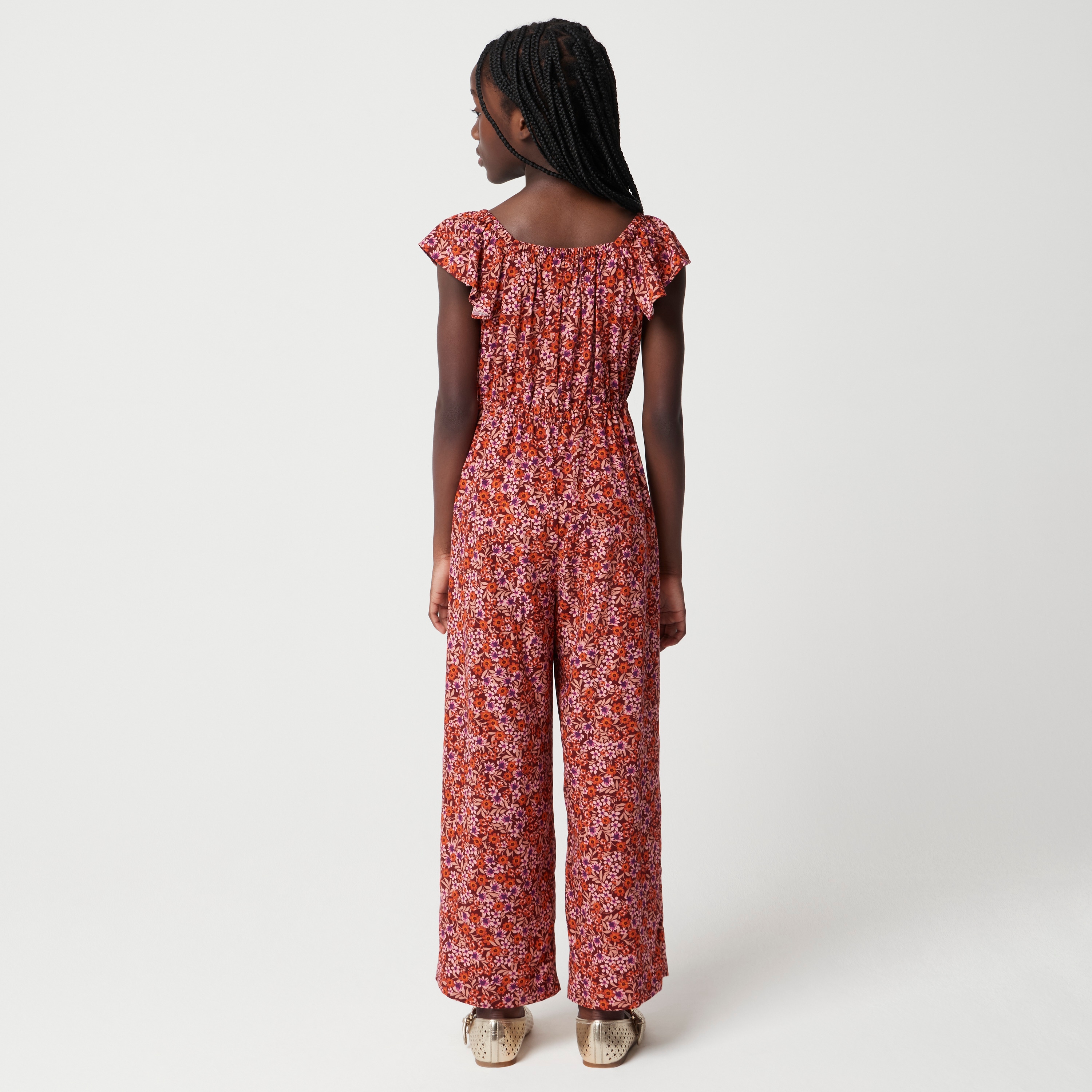 Girls' floral flutter-sleeve jumpsuit