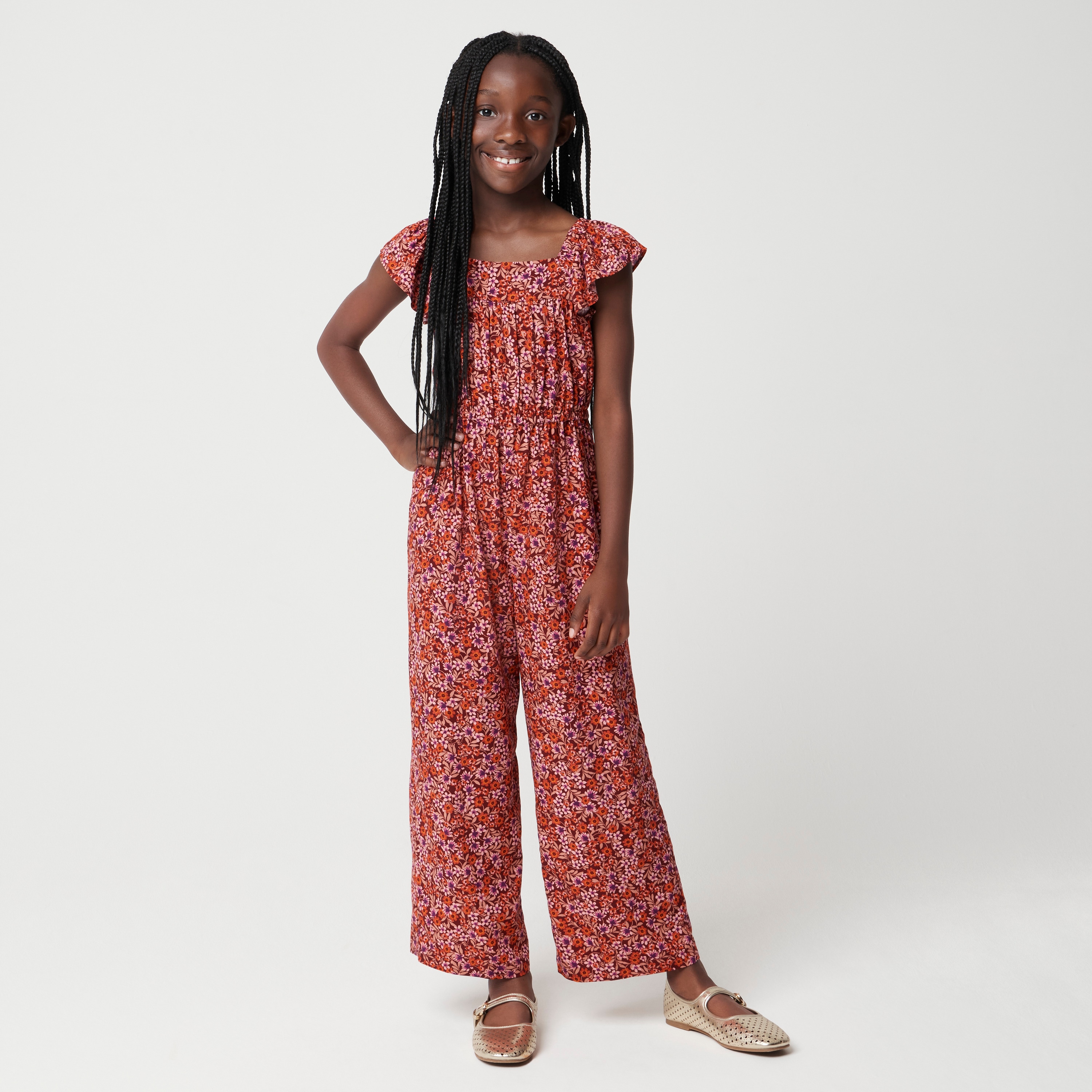 Girls' floral flutter-sleeve jumpsuit