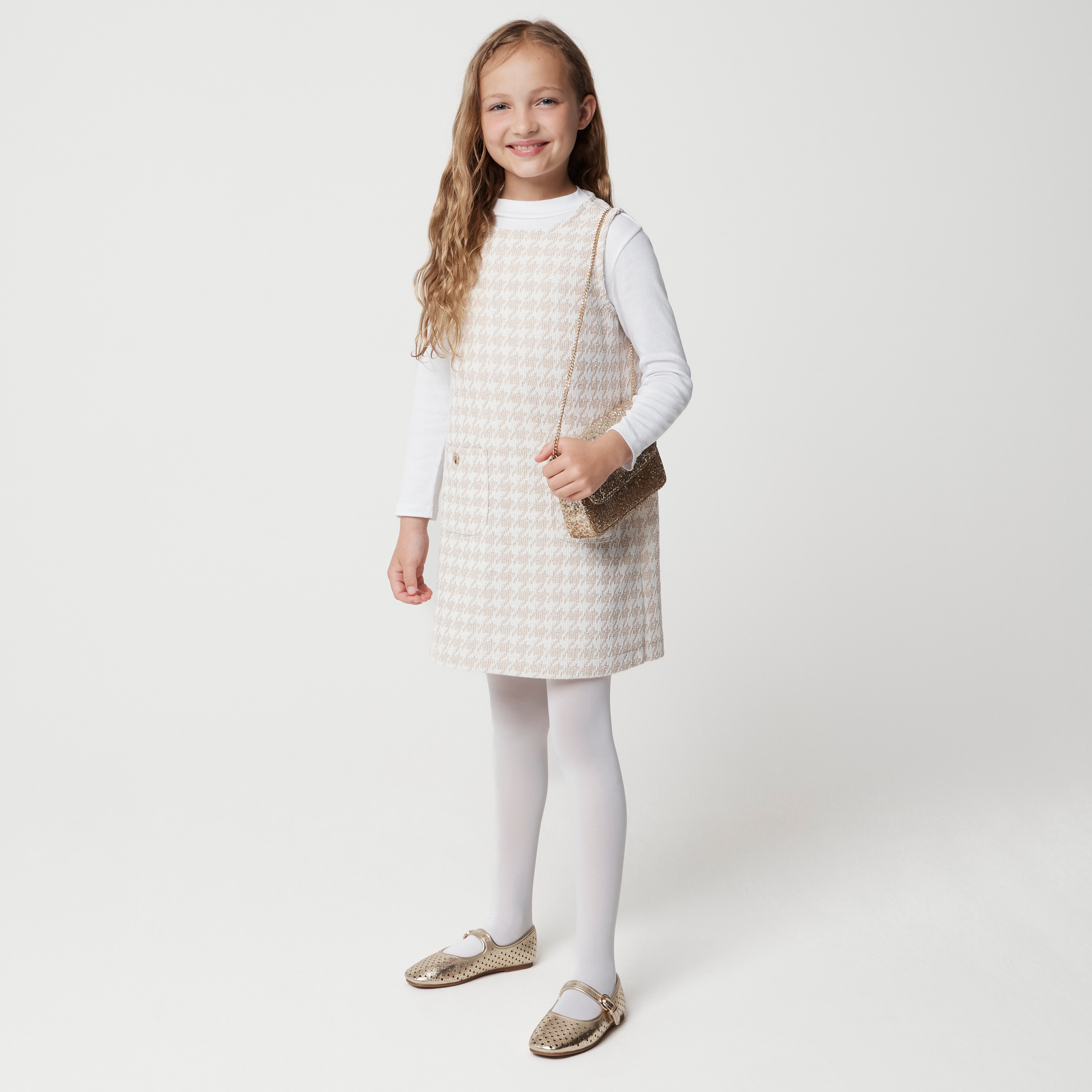 Girls' metallic houndstooth dress