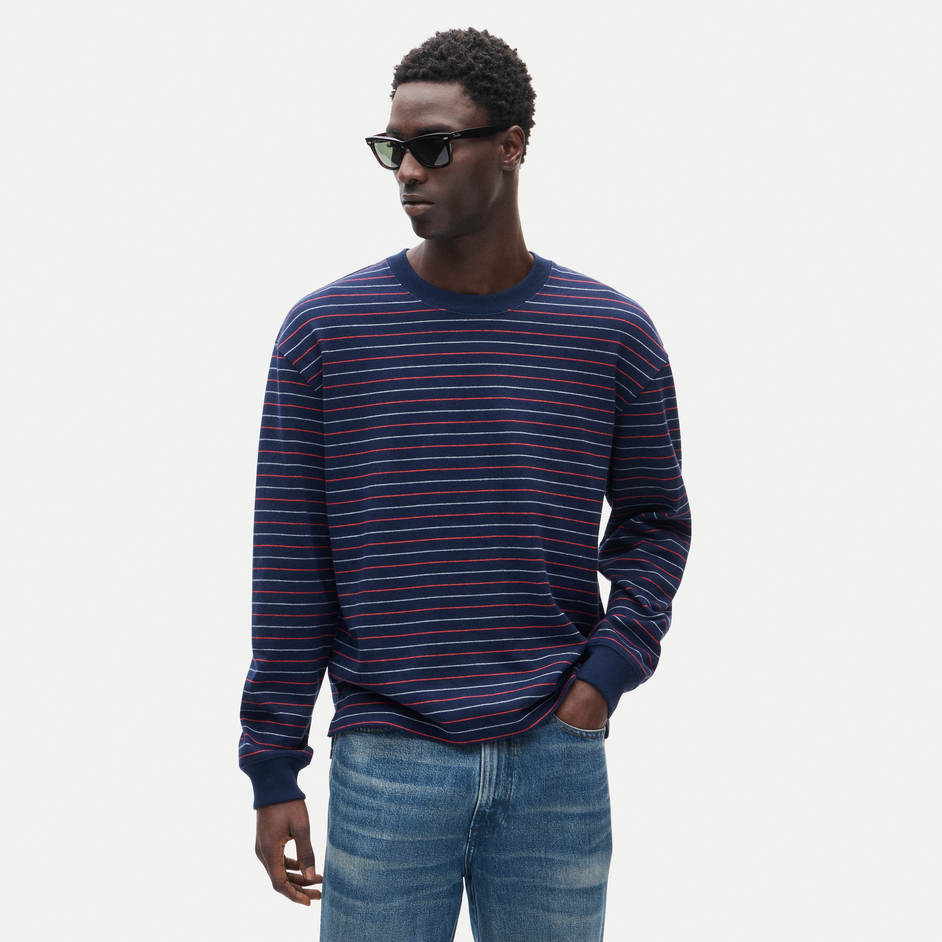 Long-sleeve crewneck in striped maritime jersey