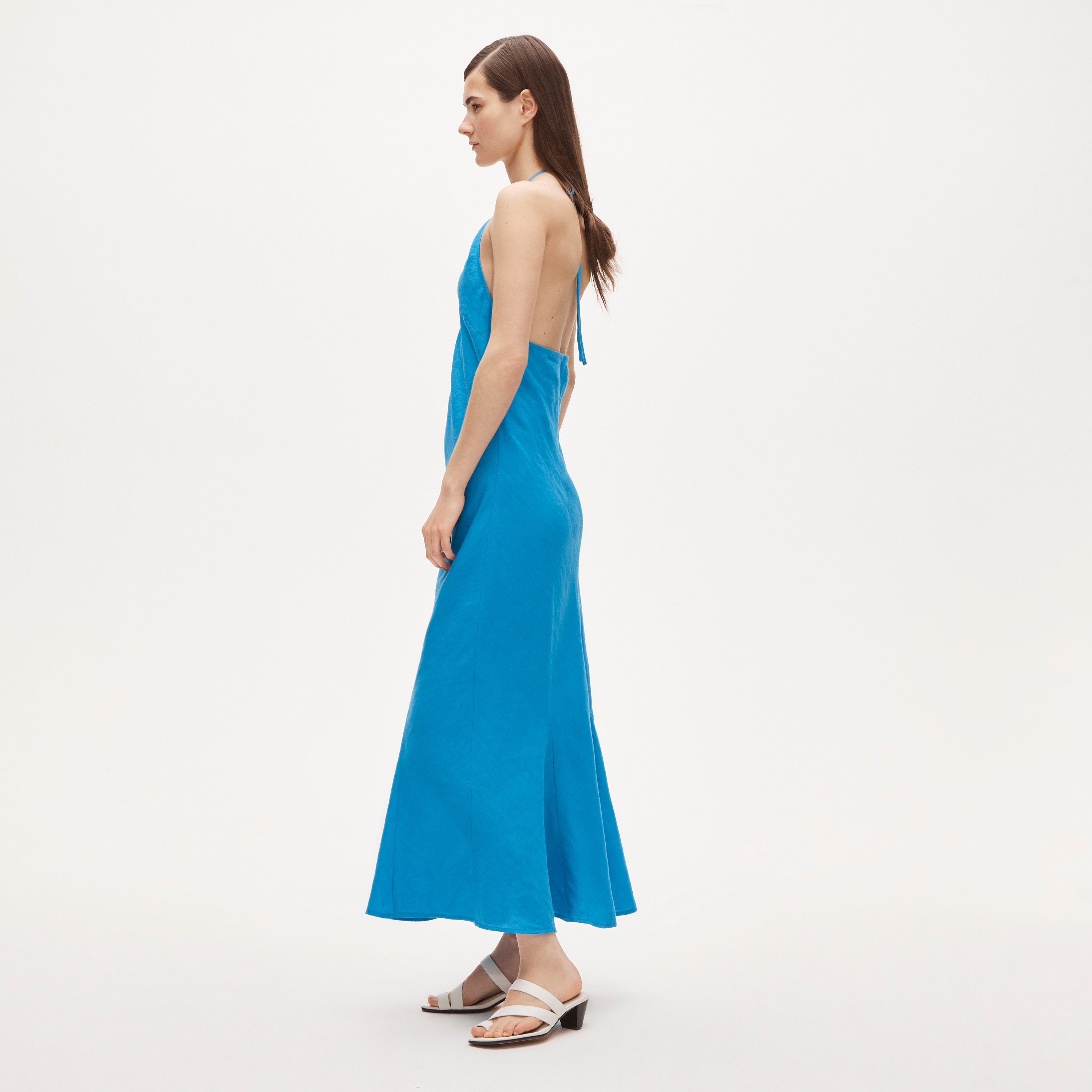 V-neck halter dress in saffron linen