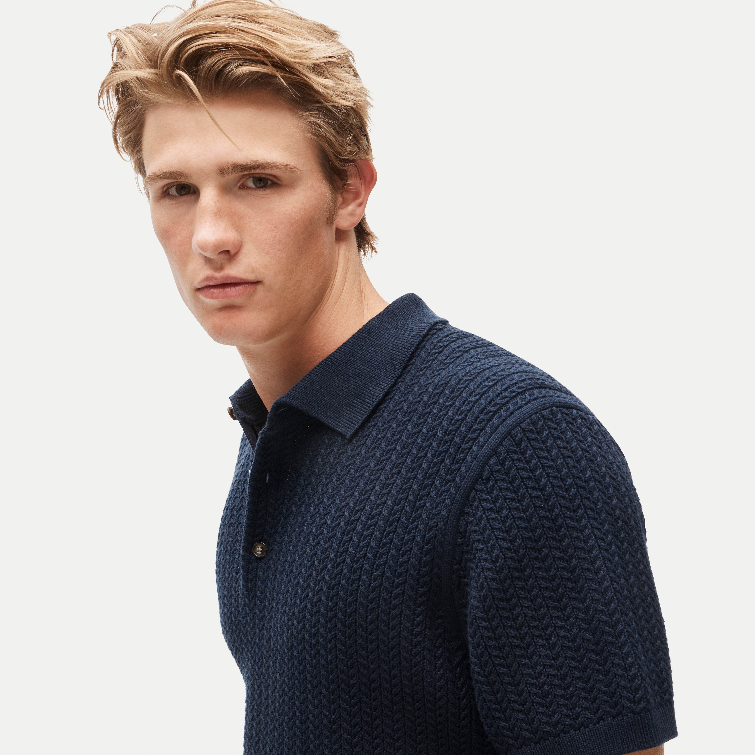 Short-sleeve cable-knit cotton sweater-polo