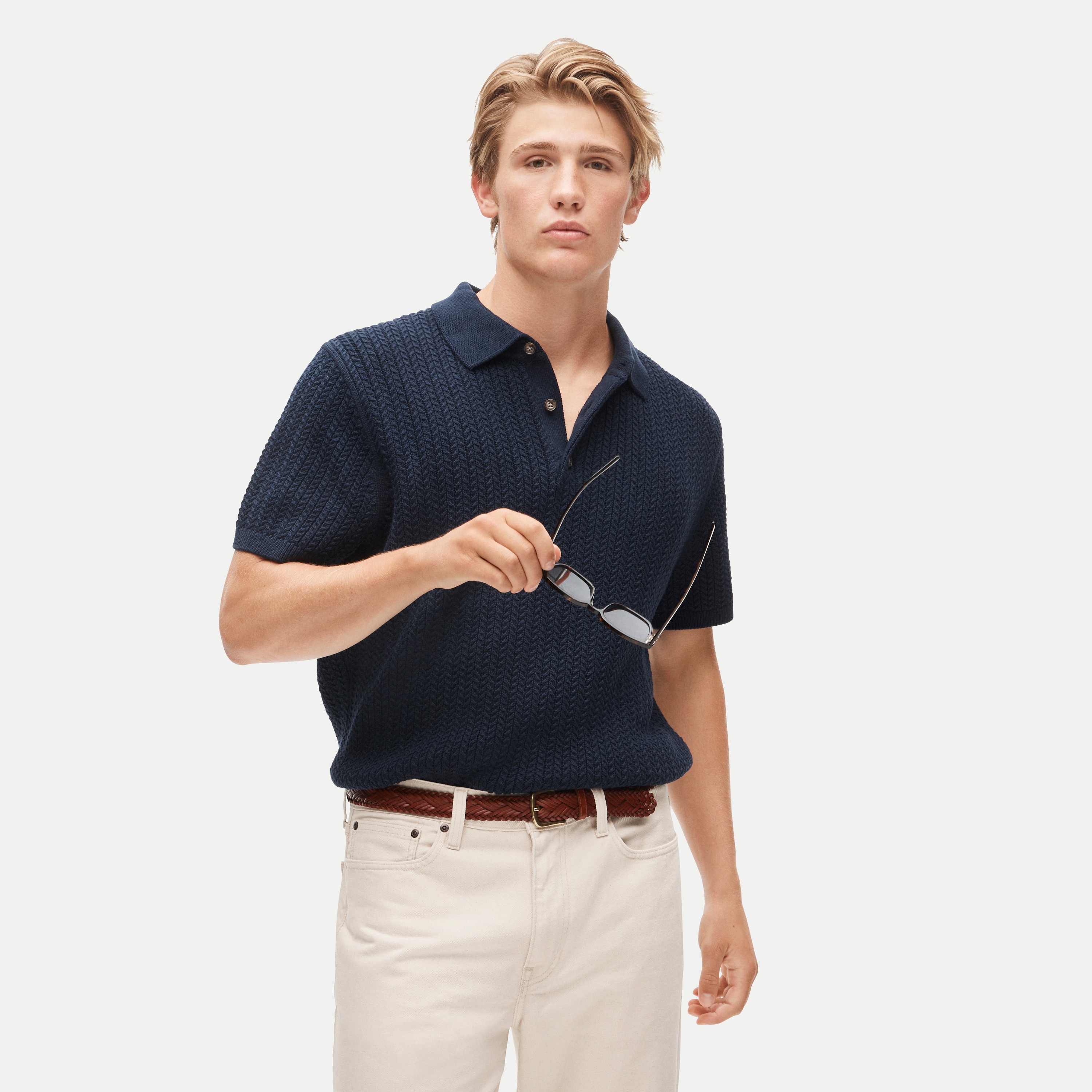 Short-sleeve cable-knit cotton sweater-polo