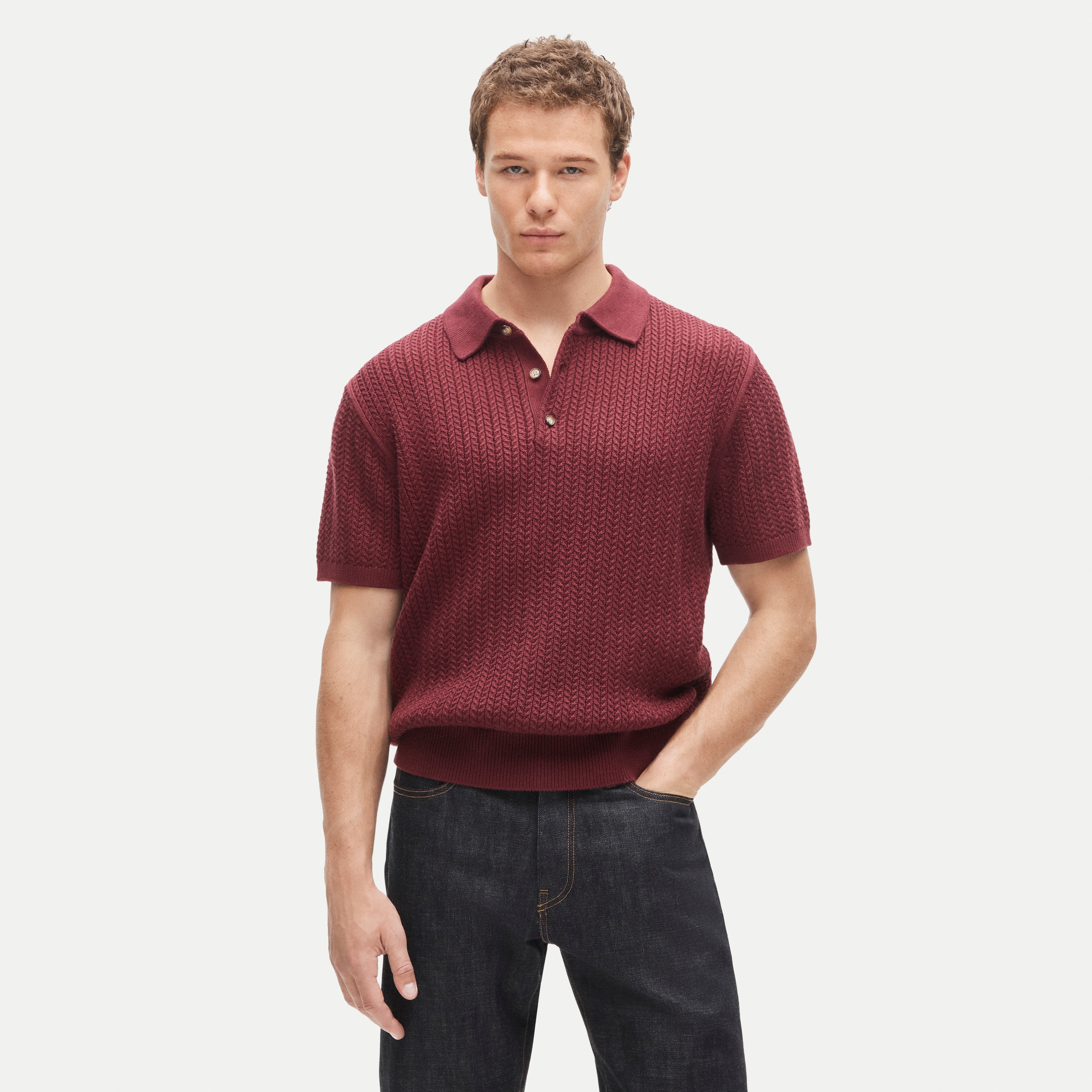 Short-sleeve cable-knit cotton sweater-polo