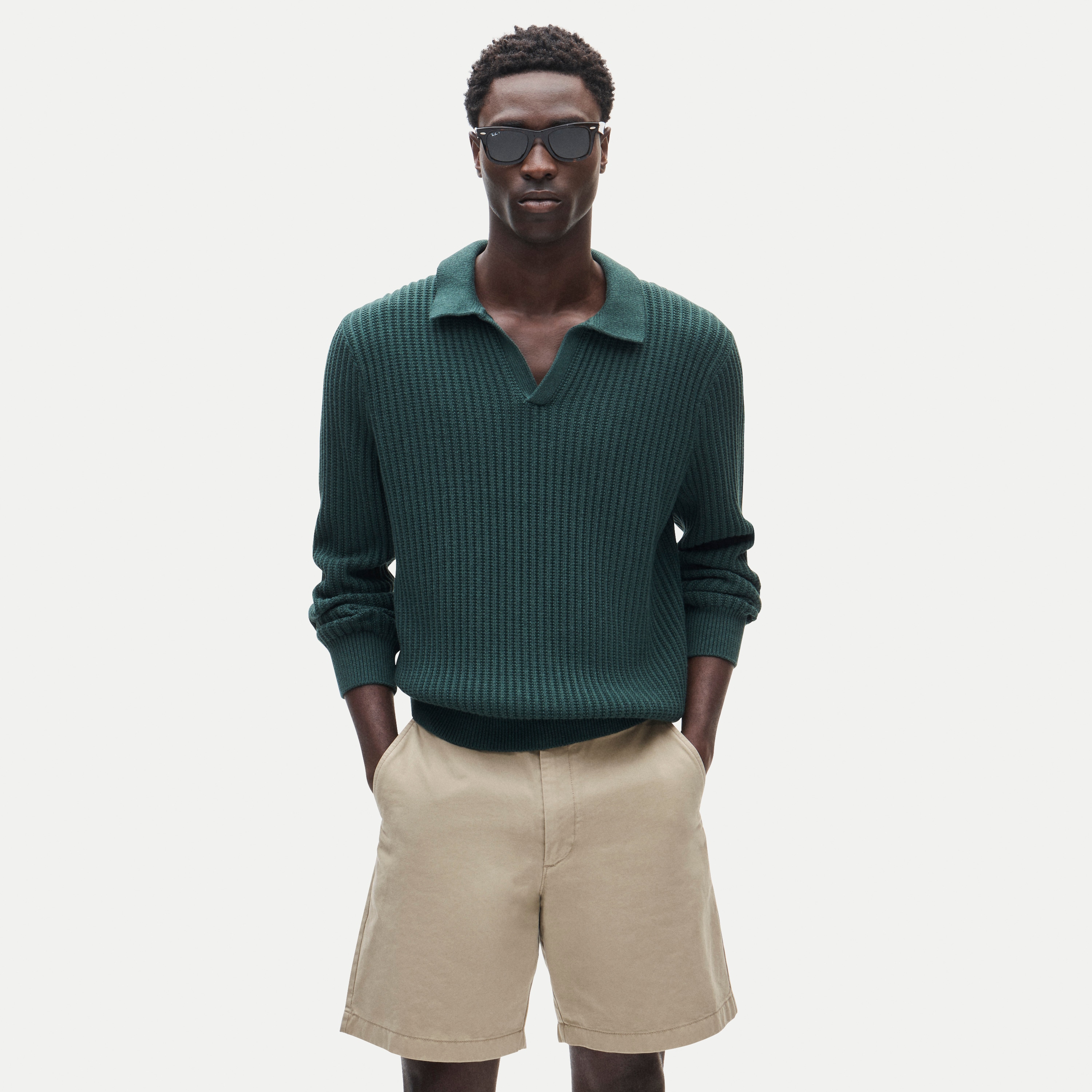 Fisherman-rib johnny-collar sweater in cotton