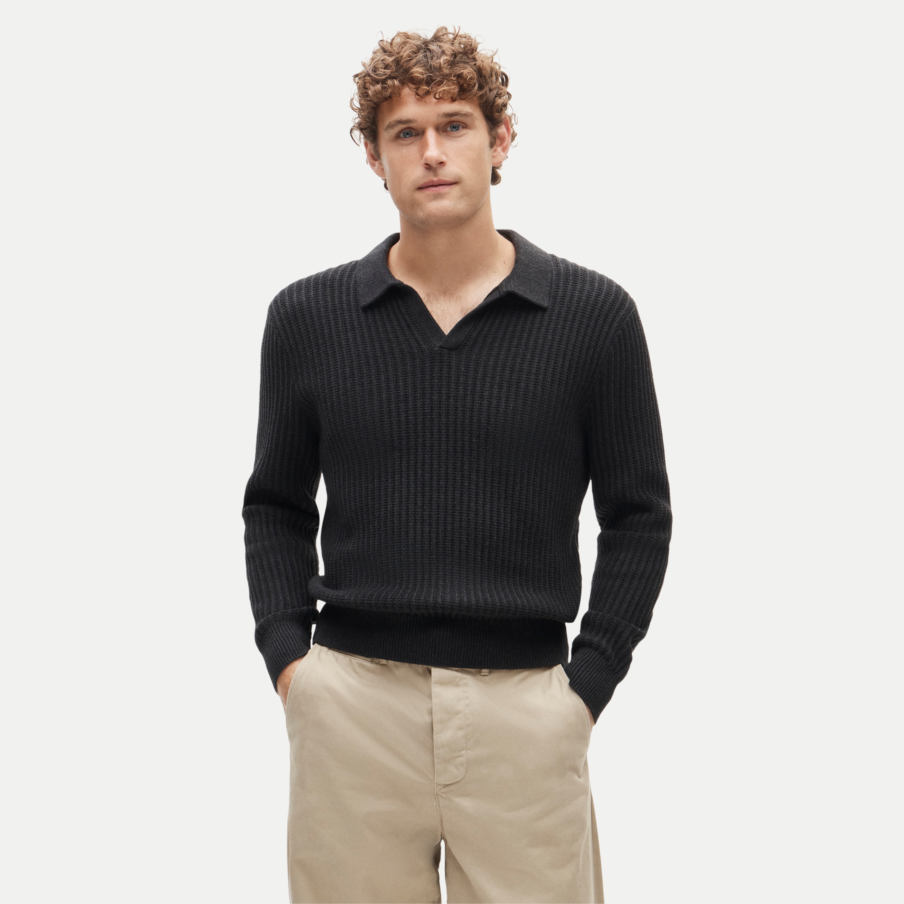 Fisherman-rib johnny-collar sweater in cotton