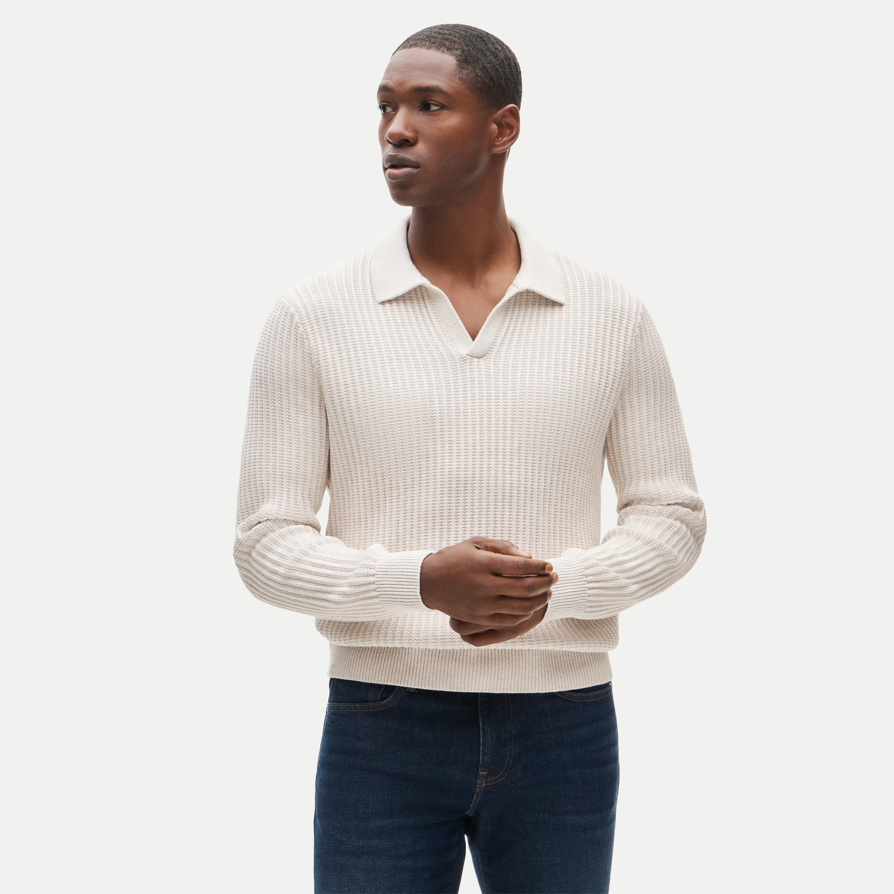 Fisherman-rib johnny-collar sweater in cotton
