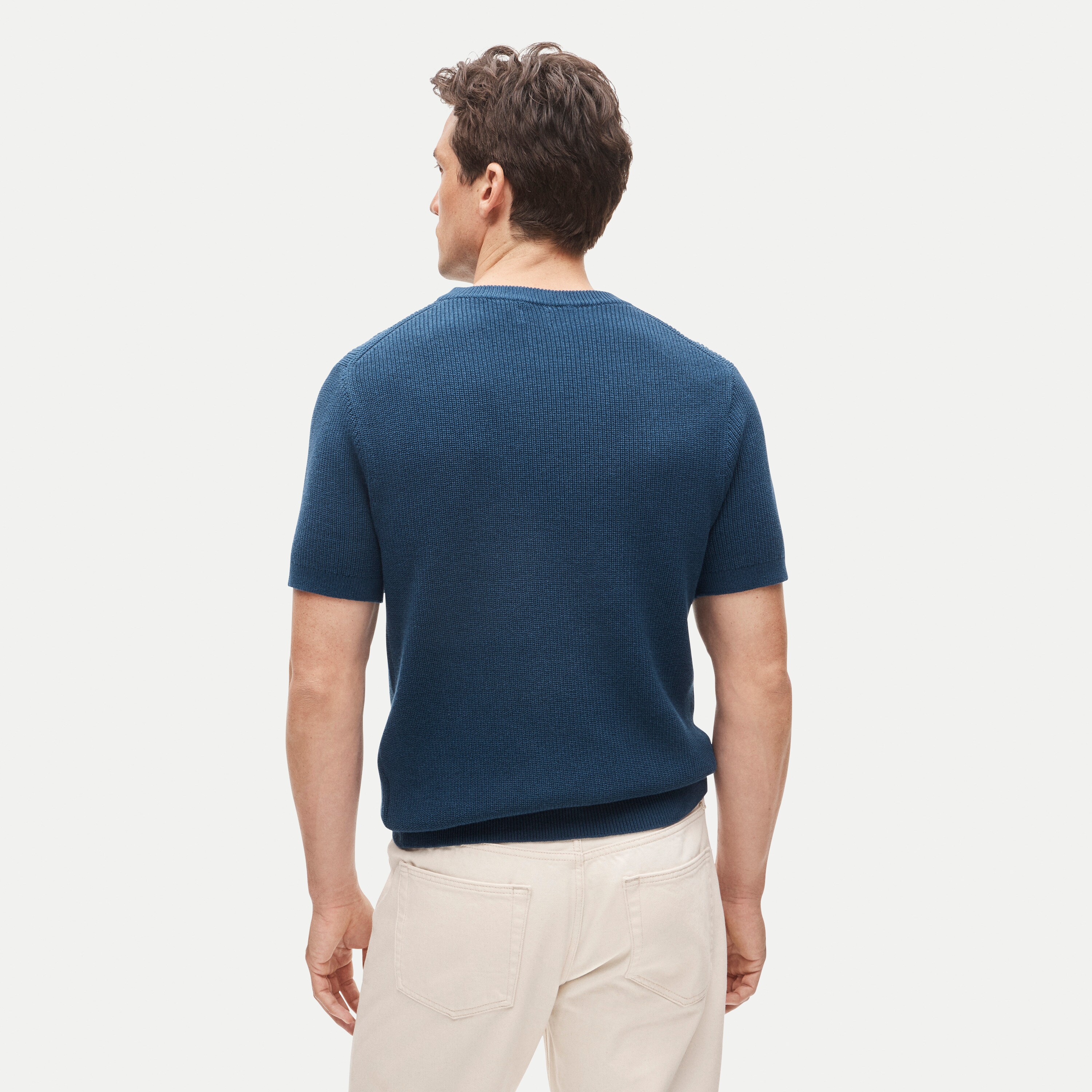 Short-sleeve sweater in ribbed cotton-silk blend