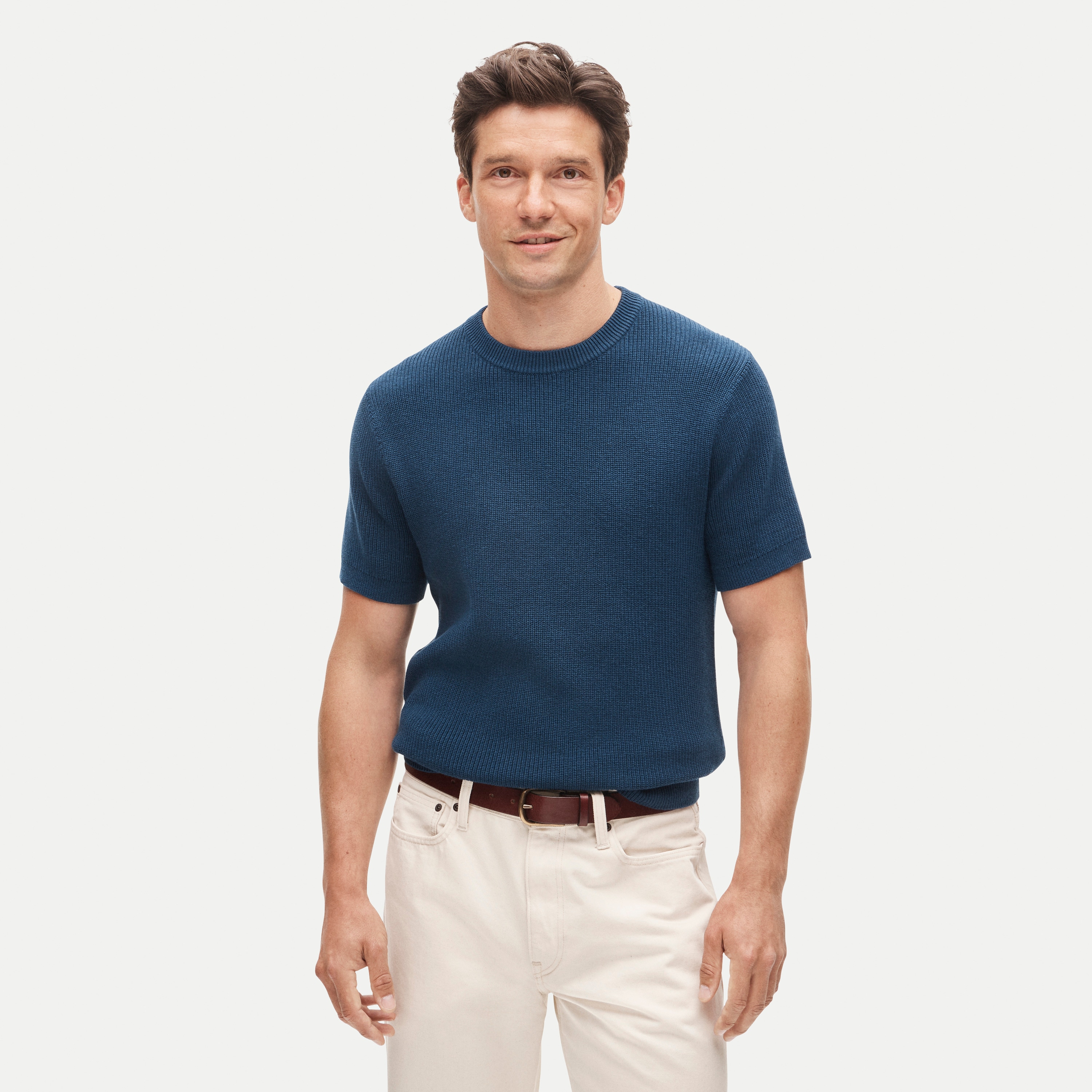 Short-sleeve sweater in ribbed cotton-silk blend