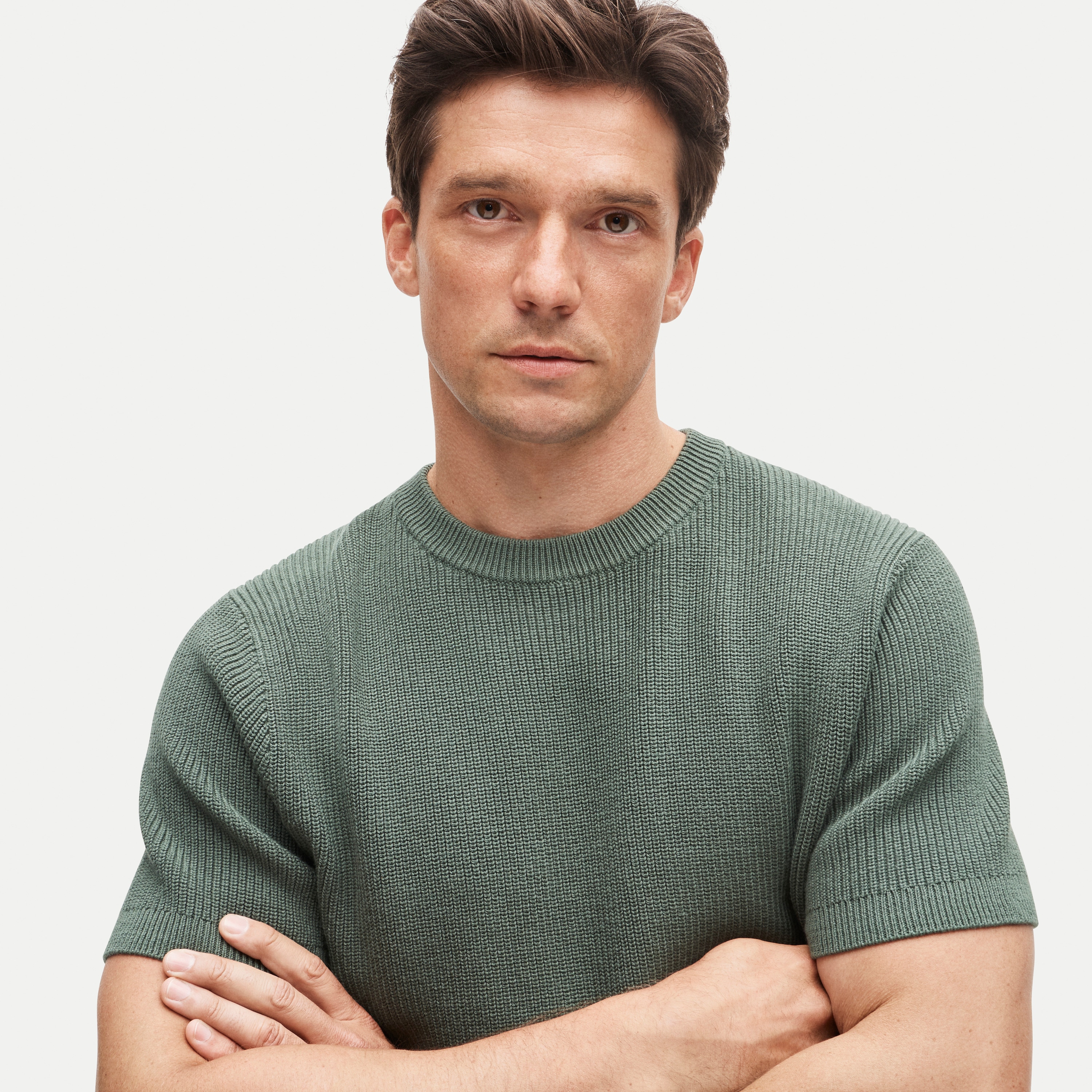 Short-sleeve sweater in ribbed cotton-silk blend