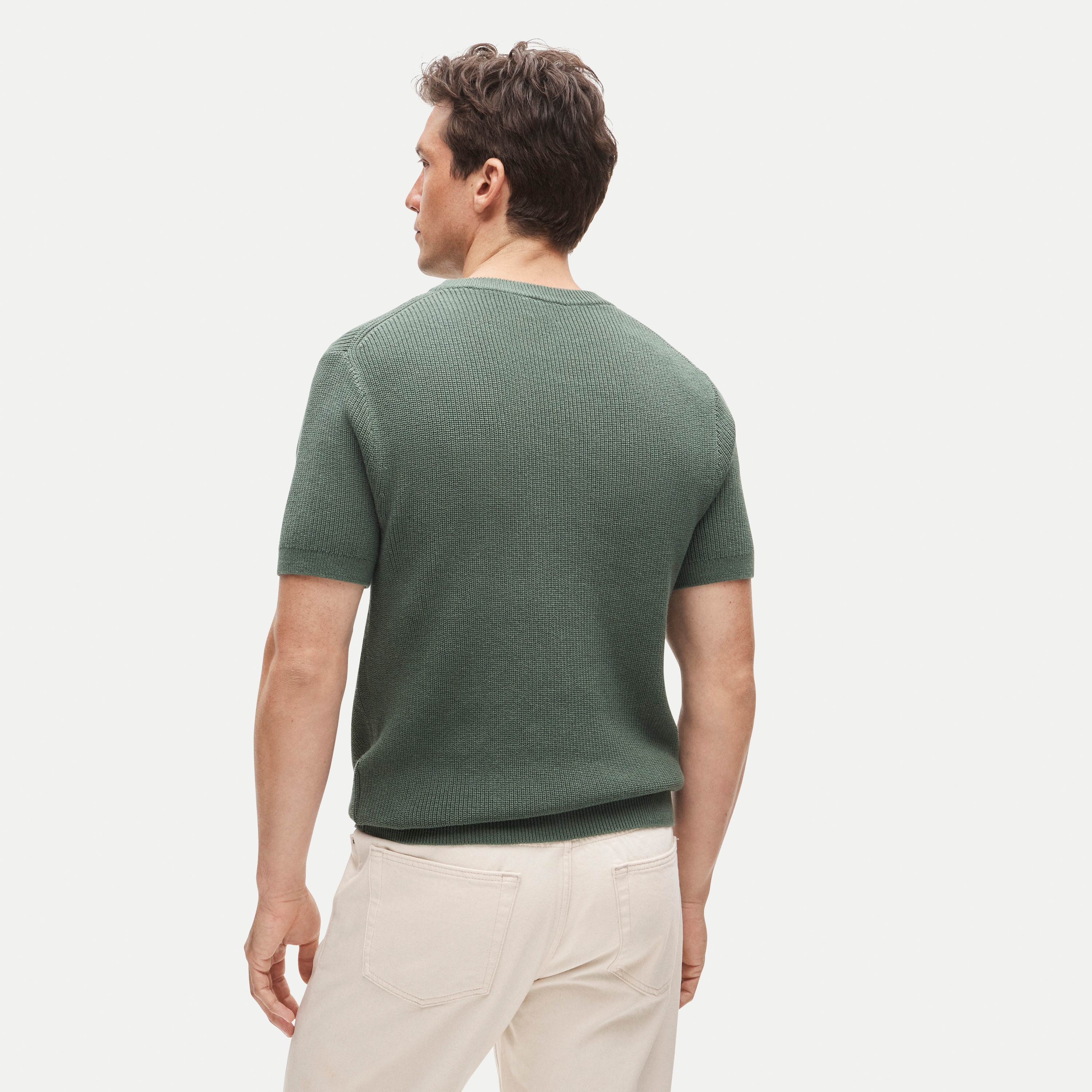Short-sleeve sweater in ribbed cotton-silk blend