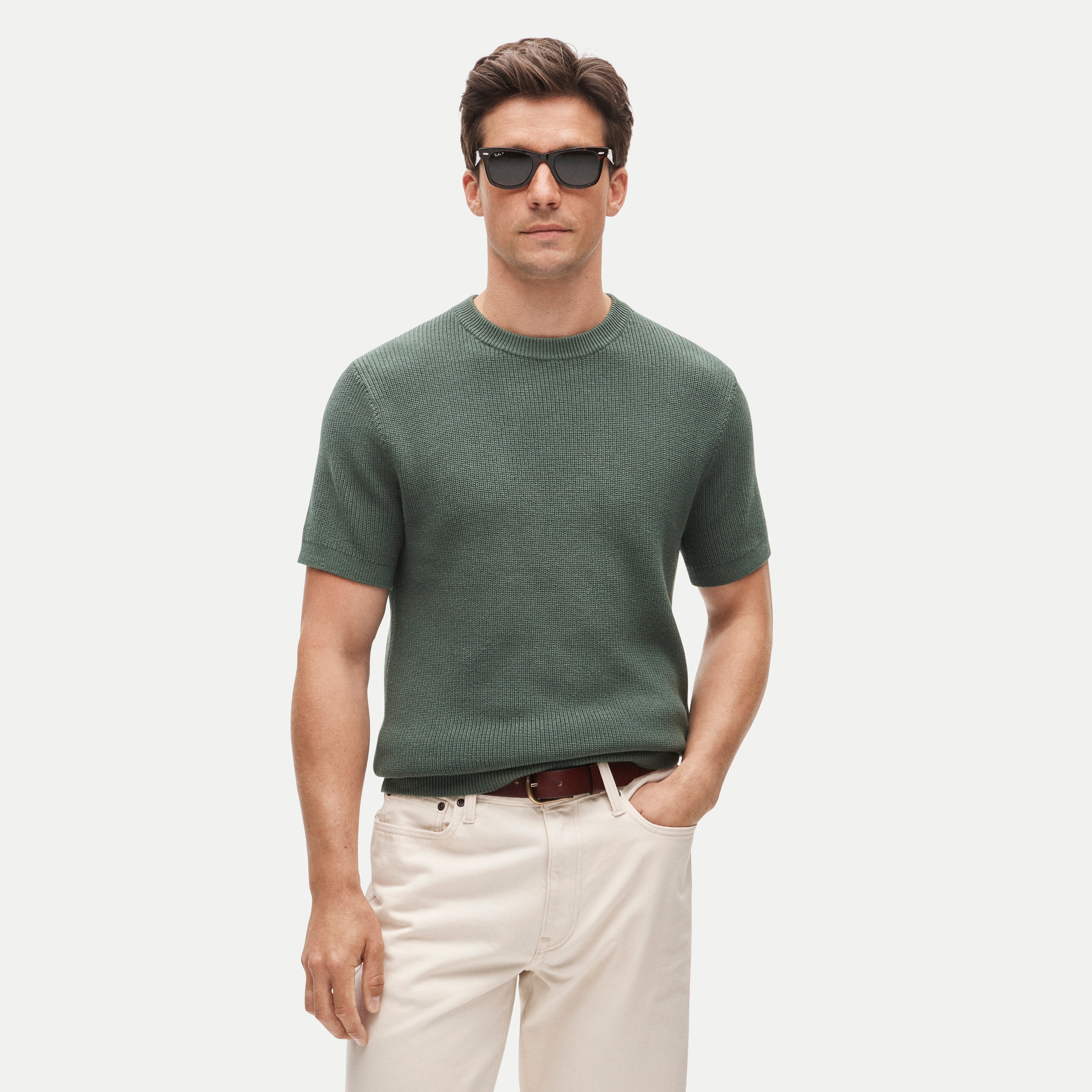 Short-sleeve sweater in ribbed cotton-silk blend