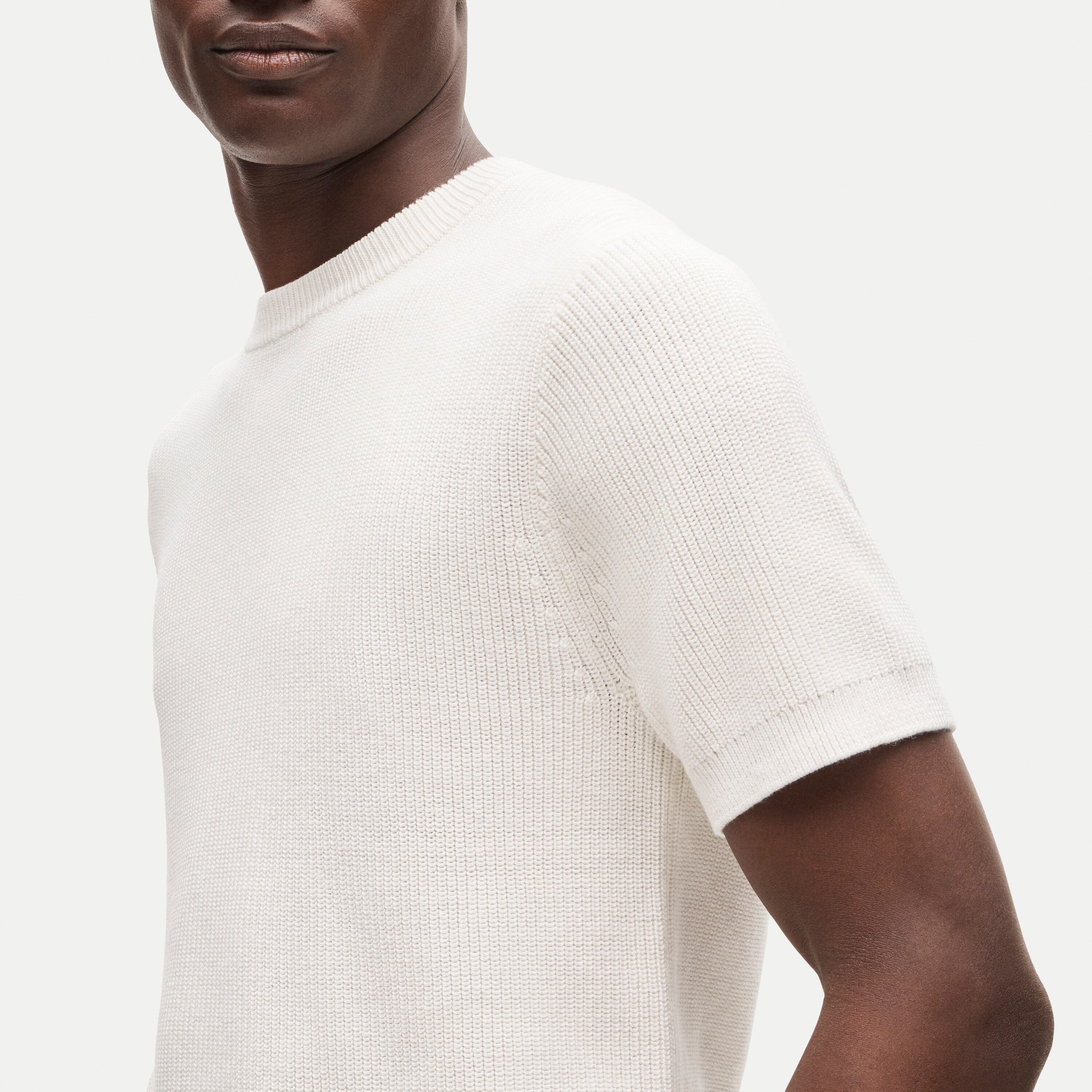 Short-sleeve sweater in ribbed cotton-silk blend