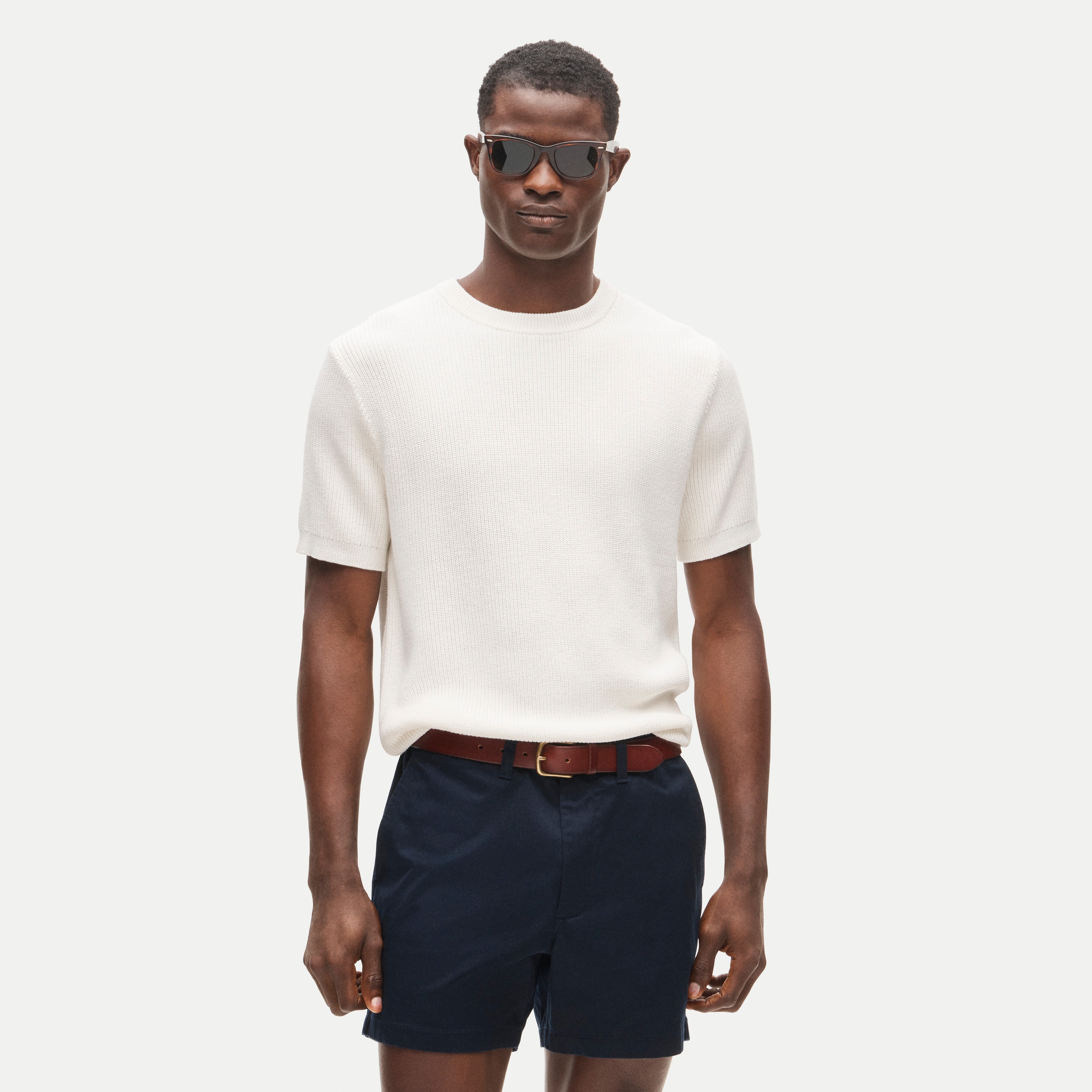 Short-sleeve sweater in ribbed cotton-silk blend