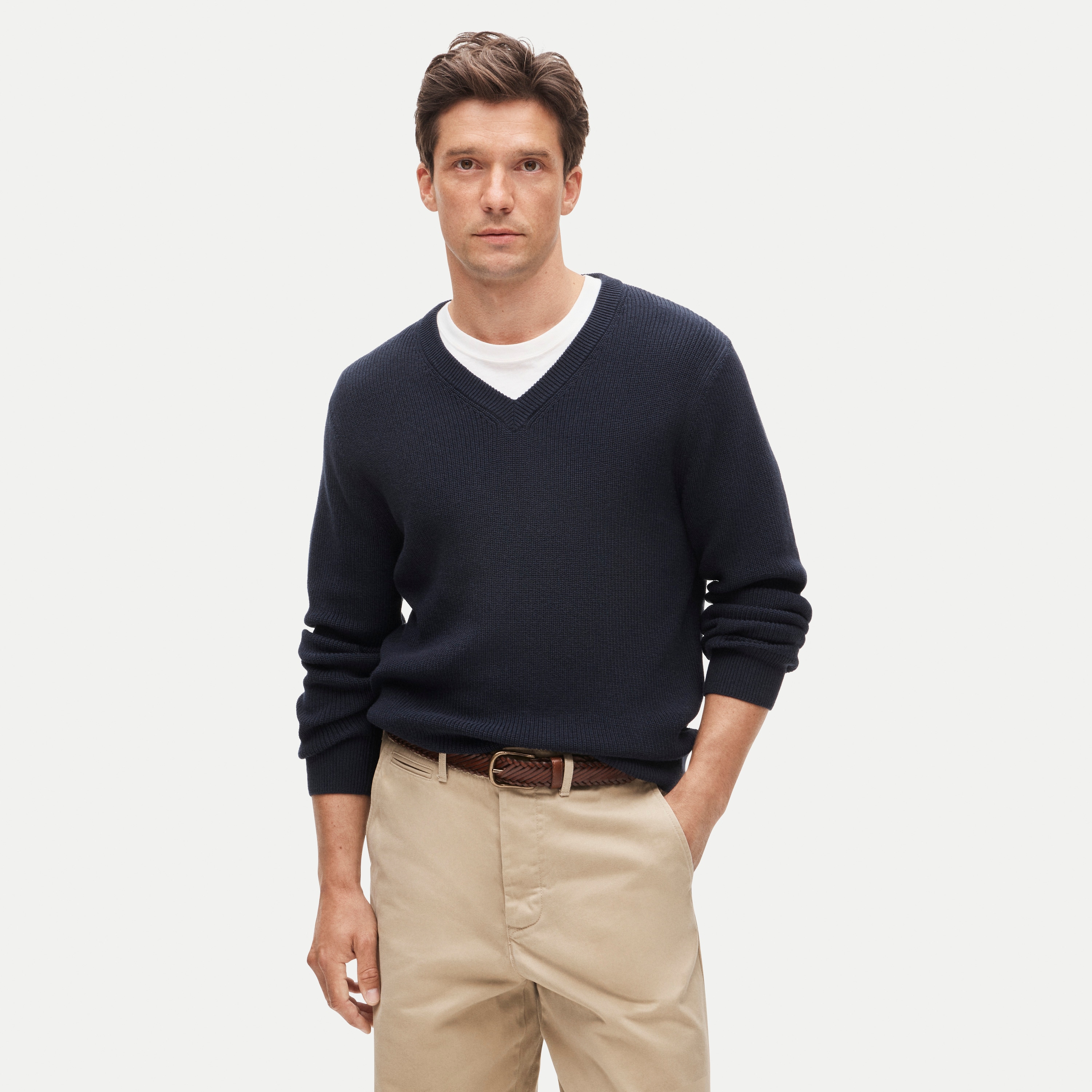 V-neck sweater in ribbed cotton blend