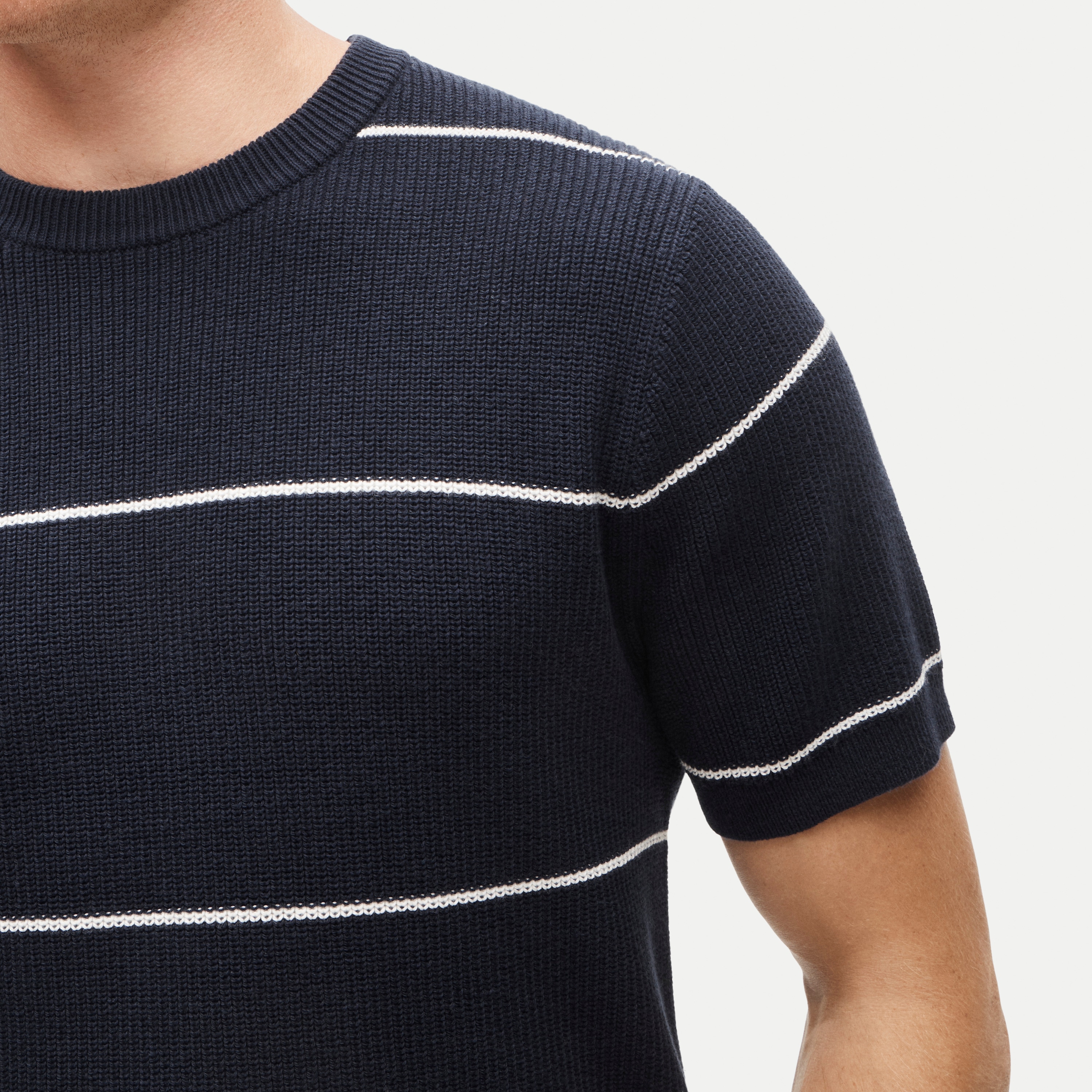 Short-sleeve sweater in ribbed cotton-silk blend stripe