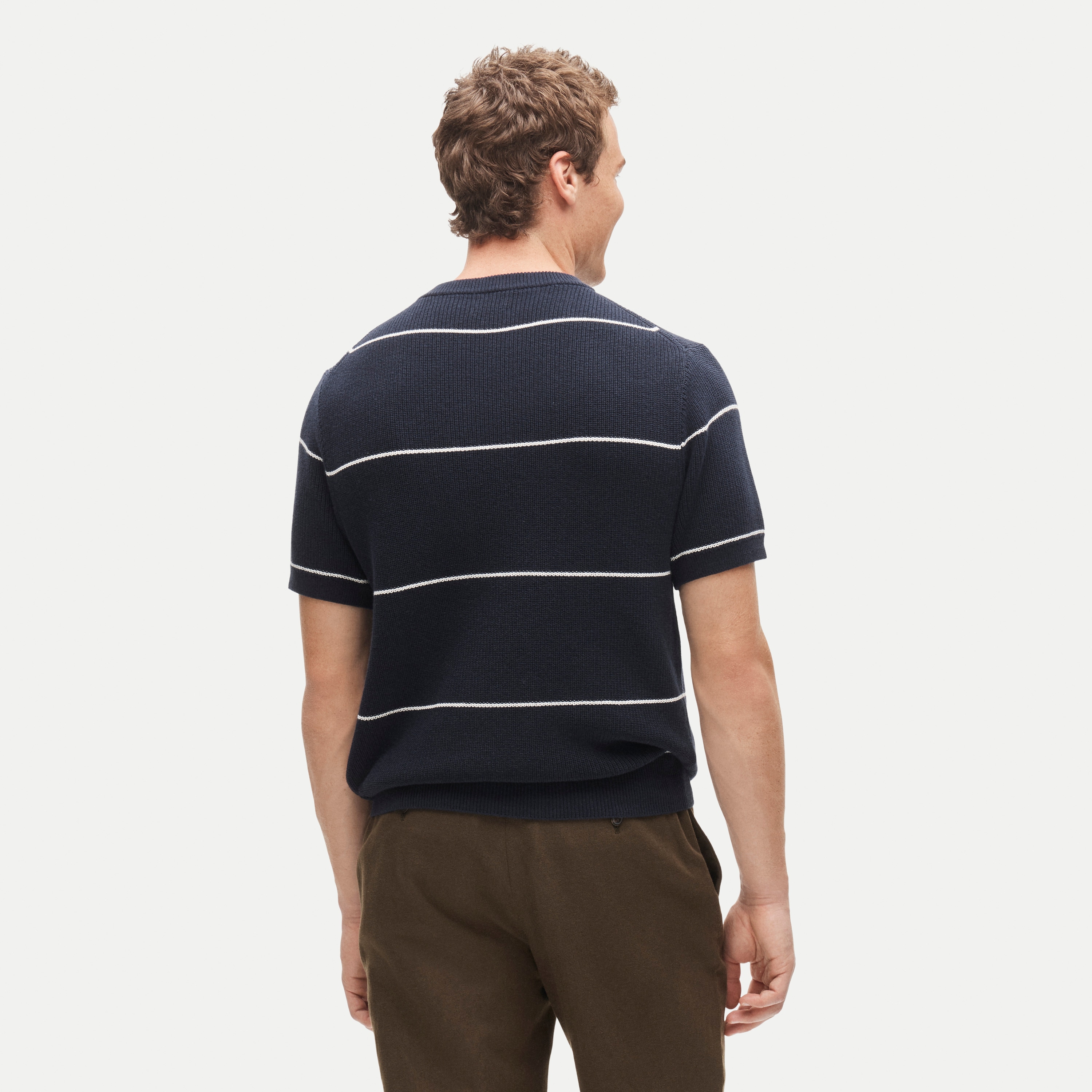 Short-sleeve sweater in ribbed cotton-silk blend stripe