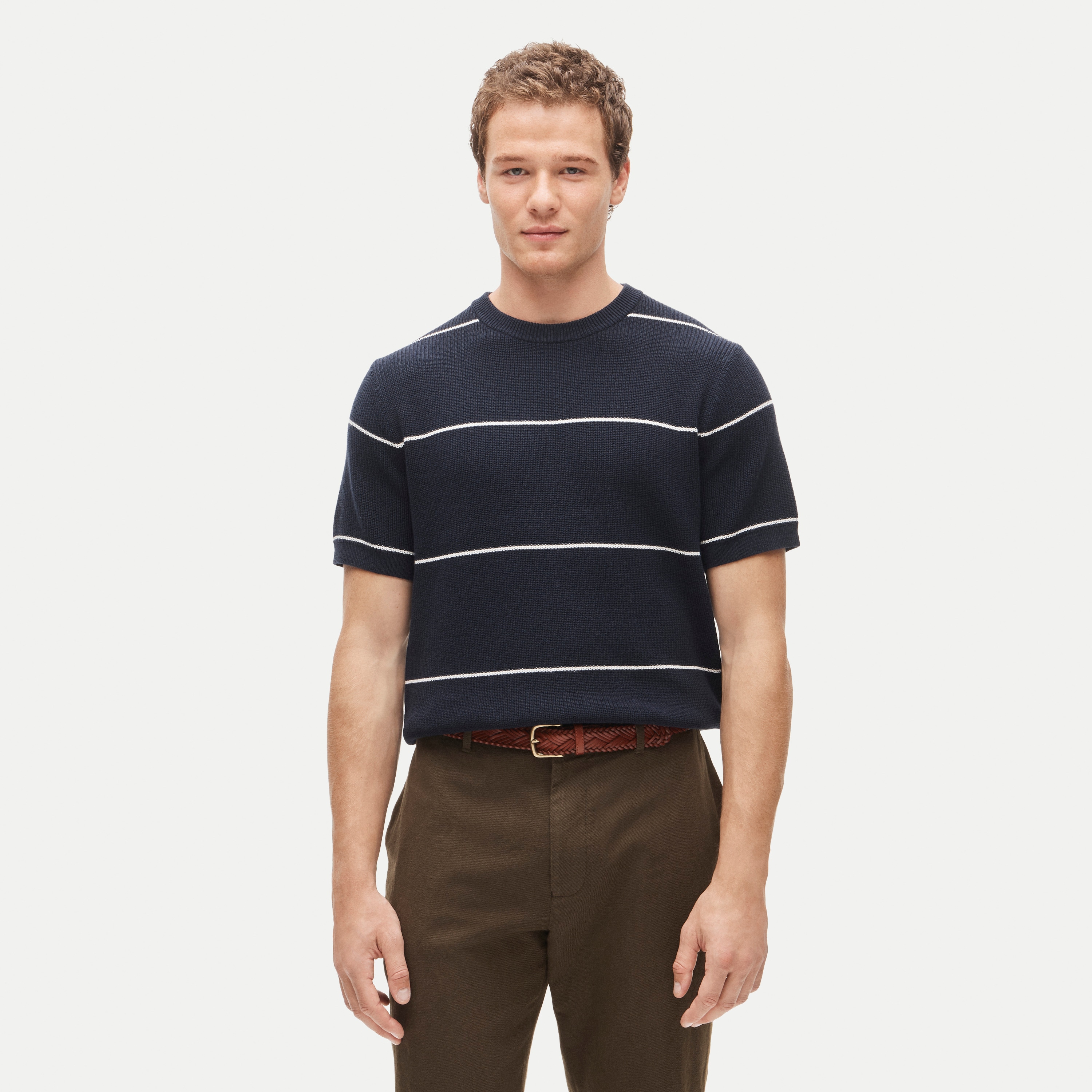 Short-sleeve sweater in ribbed cotton-silk blend stripe