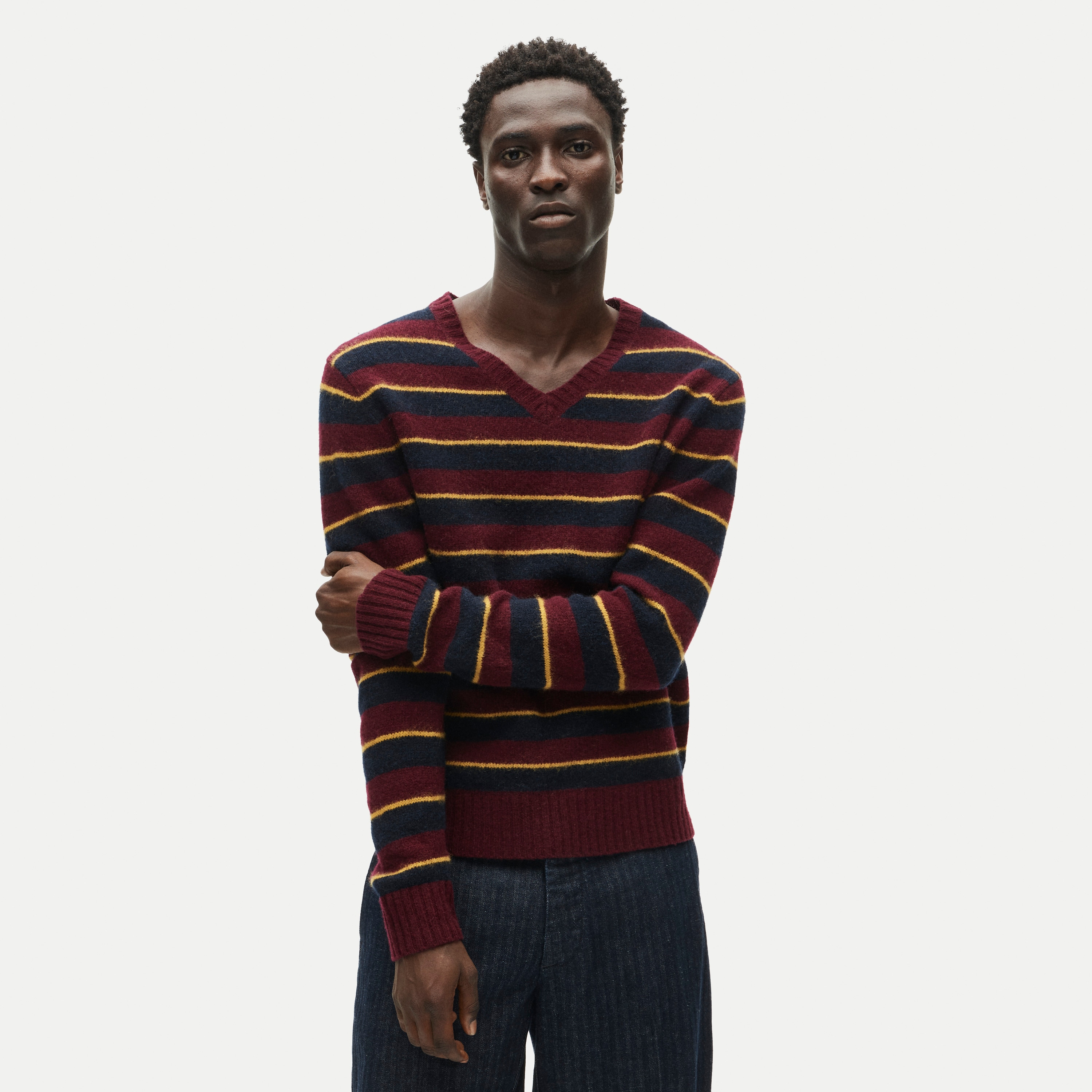 Soft-washed wool V-neck sweater in stripe