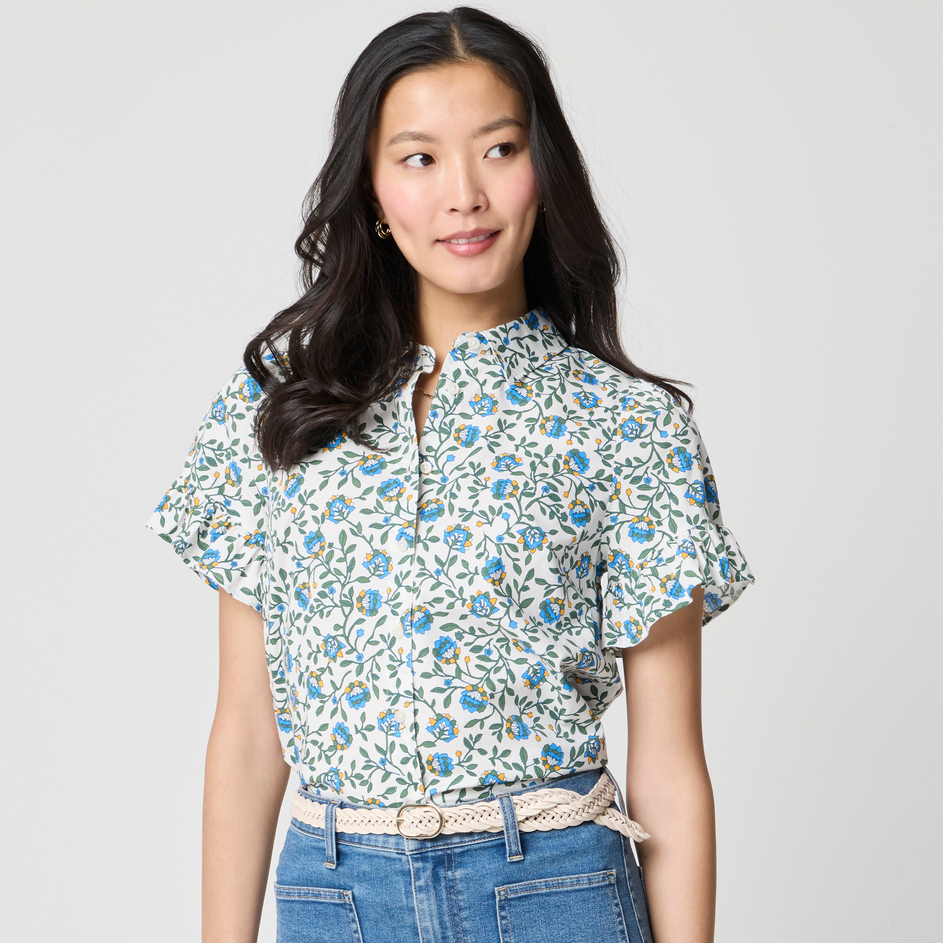 Printed ruffle-sleeve top