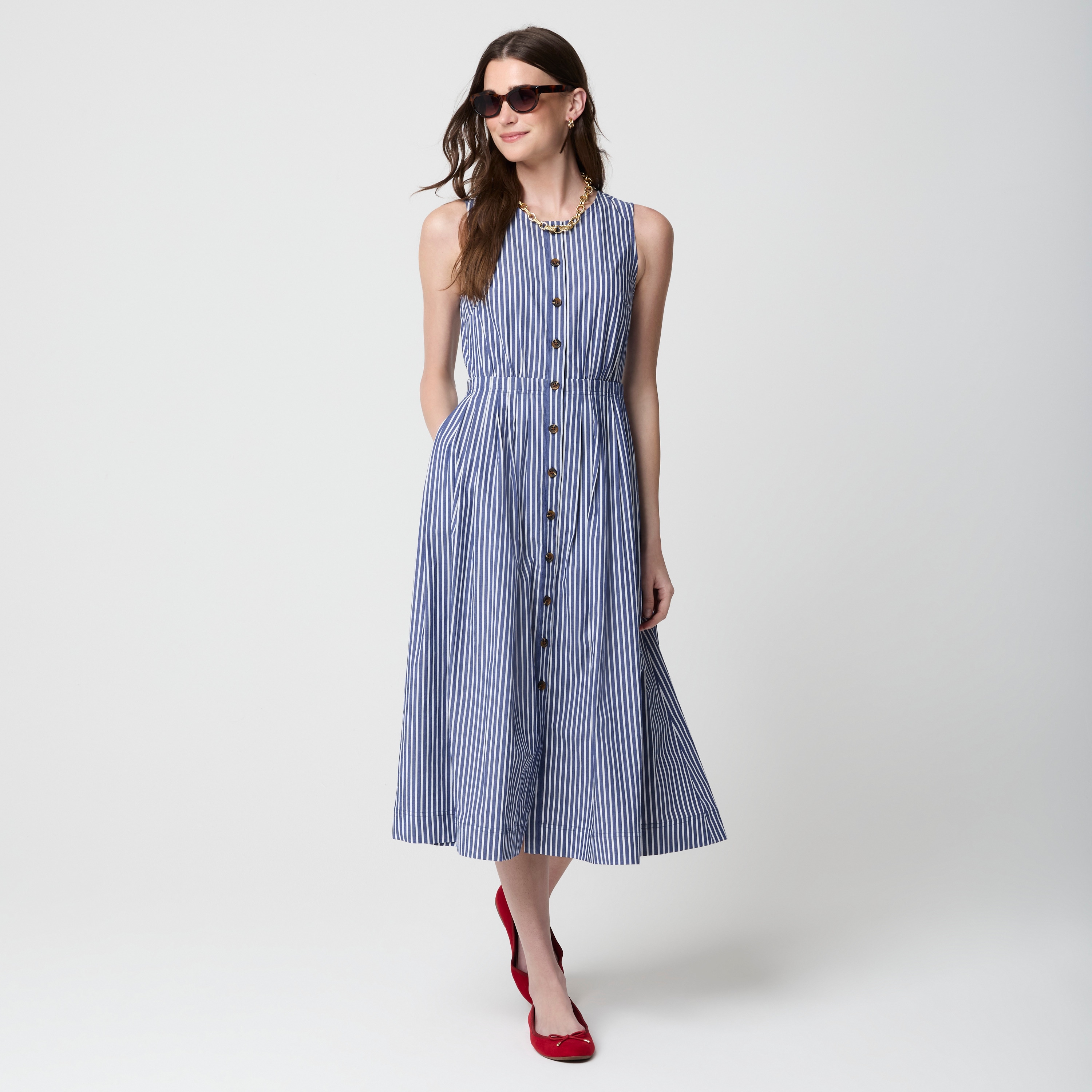Striped button-front midi dress