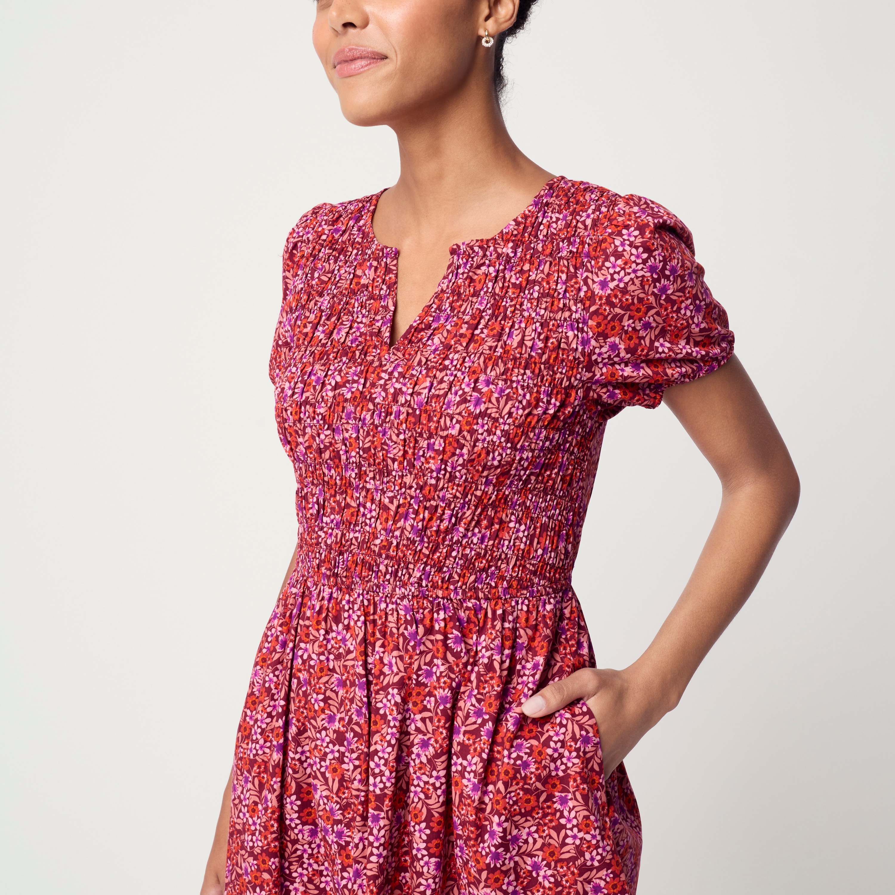 Smocked puff-sleeve midi dress
