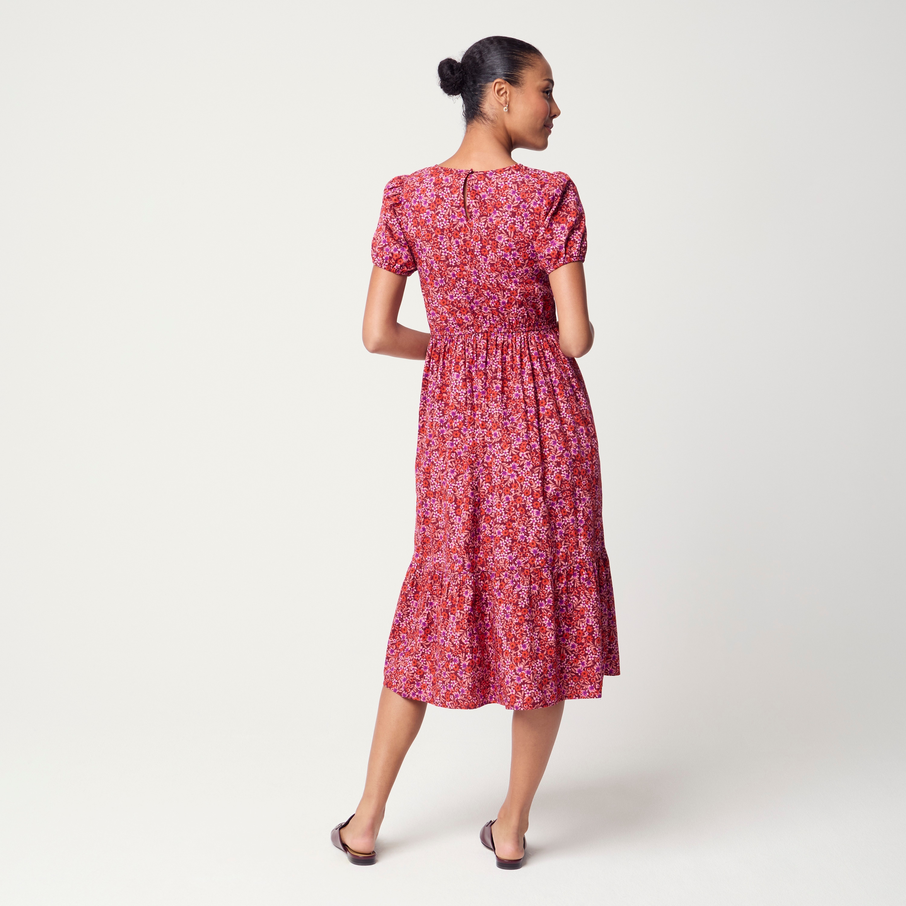 Smocked puff-sleeve midi dress